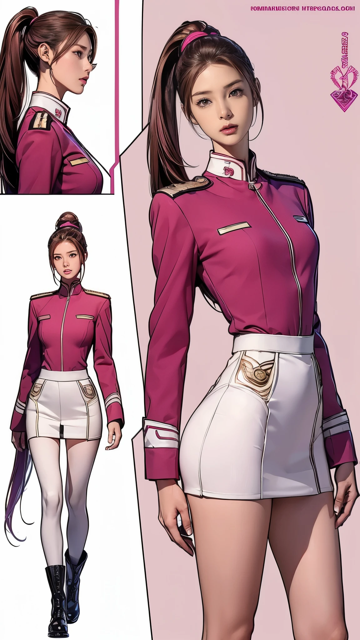 ((masterpiece)),(((highest quality))),((Reference Sheet, Character Design, front, return, ~ ~ side, Mr..々Hairstyle, Mr..々Performance, Facial Expressions)), 14-year-old girl, Cute type, (Very slim:1.4), (Very small ass:1.4), Realistic buttocks, Medium chest, Pink hair, mohawk and ponytail:1.2,Thin thighs, Long legs, It's not a big deal,(A female Earth Federation officer is walking), (Wearing Earth Federation military uniform, White and magenta military uniforms),(Worn by federal government employees'White Hat:1.5)