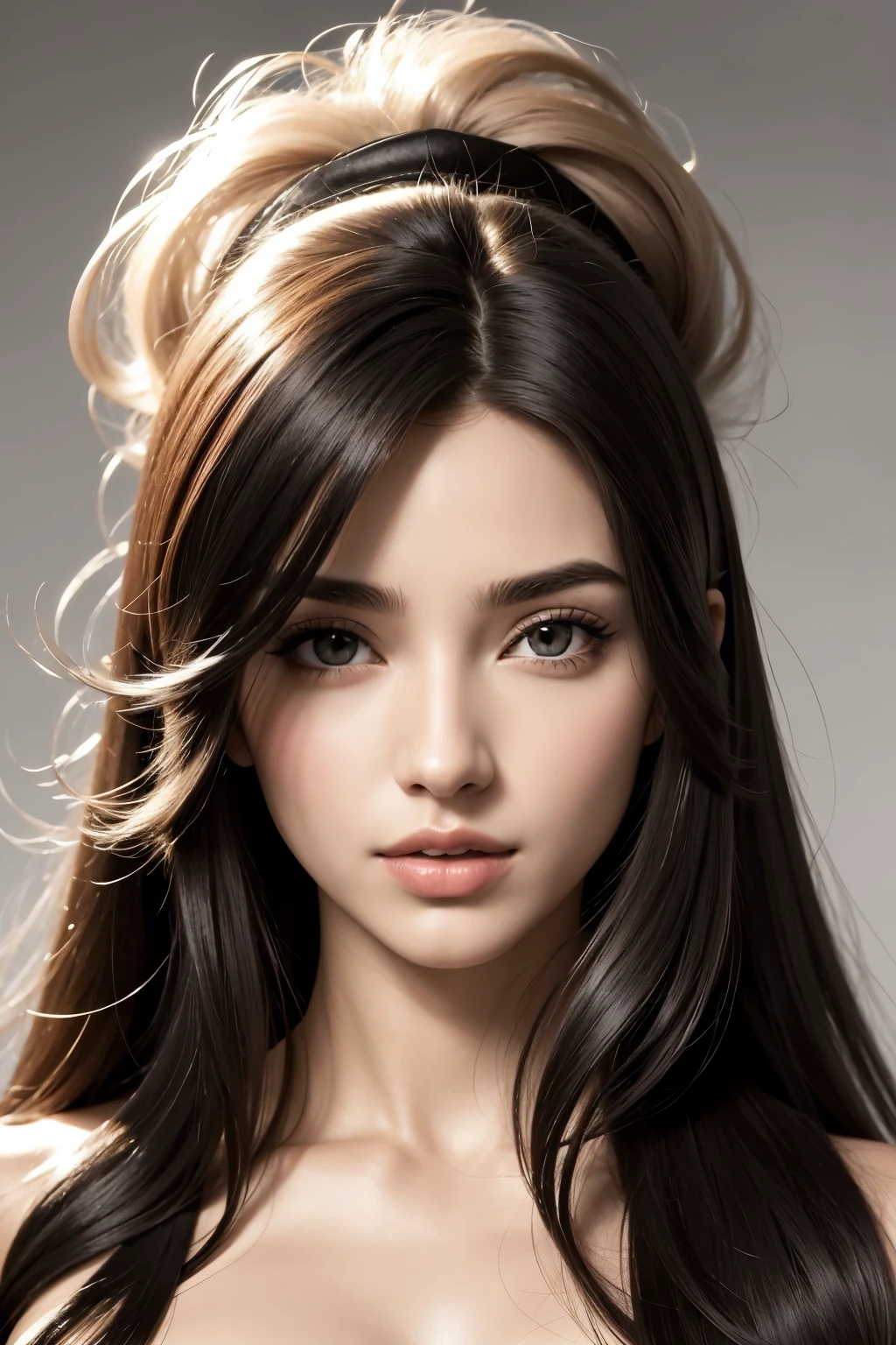 , cabelos longos cor do cabelo castanho cobreado - cor dos olhos castanho cobreado, with some spots on the face near the chin with a black horse