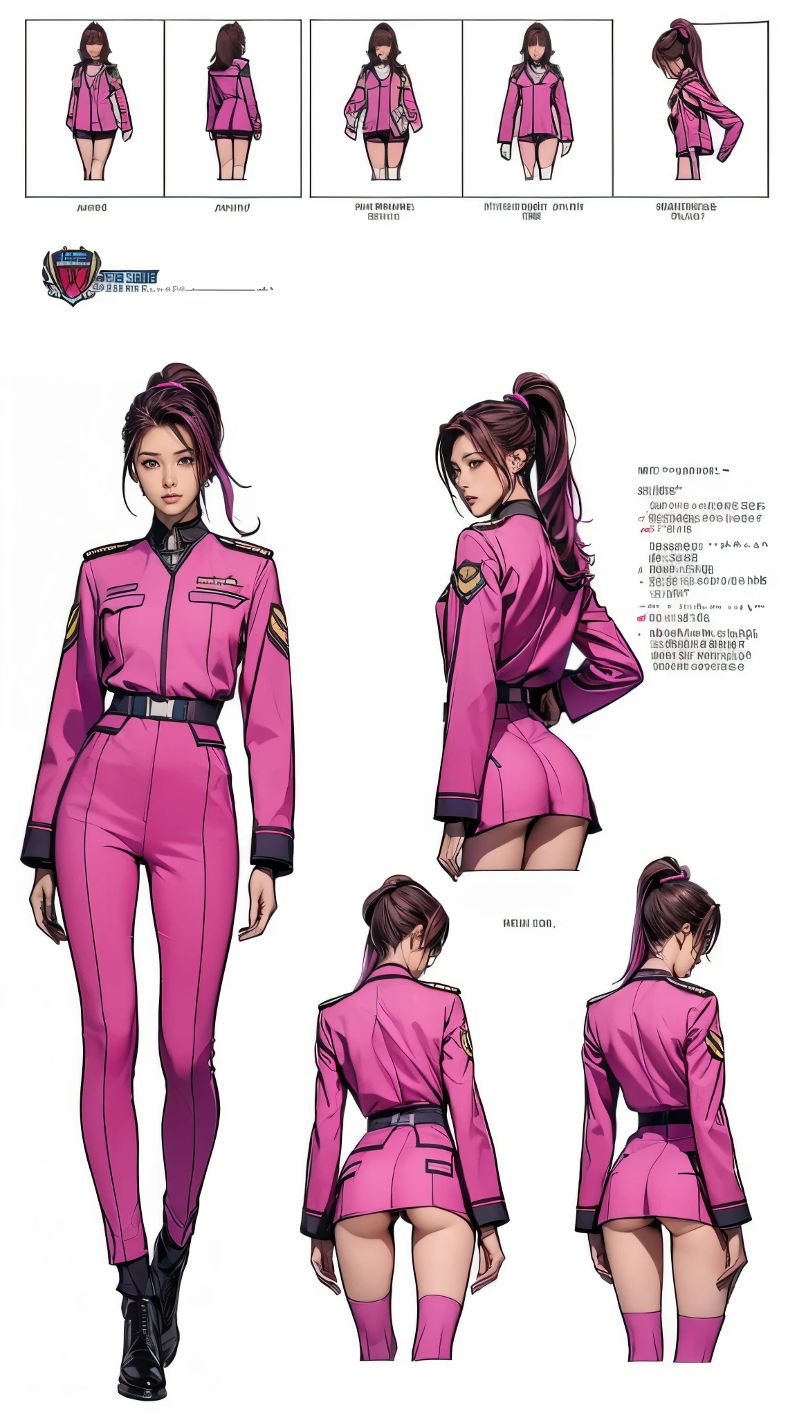 ((masterpiece)),(((highest quality))),((Reference Sheet, Character Design, front, return, ~ ~ side, Mr..々Hairstyle, Mr..々Performance, Facial Expressions)), , Cute type, (Very slim:1.4), (Very small ass:1.4), Realistic buttocks, Medium chest, Pink hair, mohawk and ponytail:1.2,Thin thighs, Long legs, It's not a big deal,(A female Earth Federation officer is walking), (Wearing Earth Federation military uniform, White and magenta military uniforms),(Worn by federal government employees'White Hat:1.5)