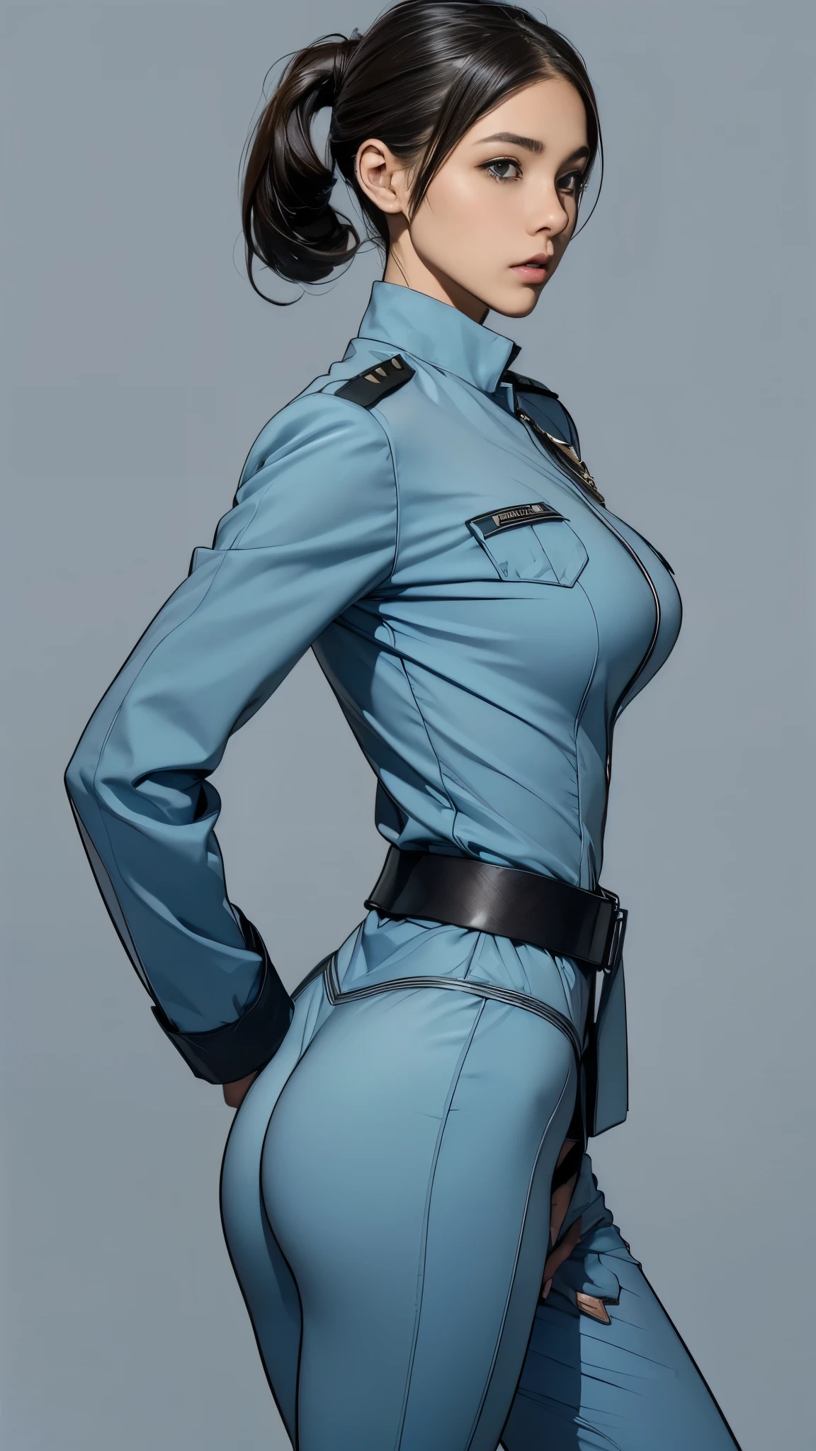 15-year-old girl、Side view、Earth Federation Operator Girl Soldier、Black short hair、Idol-level cuteness、Childish face and appearance、Accurately drawn faces、thin、(leotard:1.3)、Earth Federation Military Uniform、White uniform、(A uniform that fits the body:1.3)、Very thin thighs、Inside the bridge of a battleship、Low angle shot、Anatomically correct、Accurate Fingers、Accurate Rimbuster Piece、Photorealization