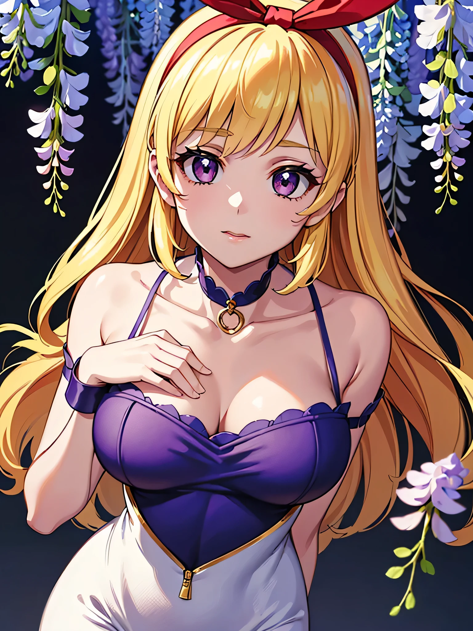 (RED Ribbon on HAIRband:1.2),Blonde HAIR,(masterpiece, best quality, highly detailed, ultra detailed, high resolution, absurdres, 4K, 8K:1.2), (official art, incredibly fine illustration, extremely detailed CG, detailed background, cinematic lighting, dynamic angle, perfect hands, detailed shiny skin, detailed hair, detailed eyes)(extremely awesome detailed pretty  face,beauty face)(extremely detailed)(Three-dimensional depiction)
BREAK, ((wisteria)){(wisteria in full bloom, beautiful woman wearing a White one-piece dress)},8k, high resolution, absurd, employed, delicately composed, detailed, exquisitely detailed, bold composition, cinematic angles, dynamic angles, top quality, masterpiece,