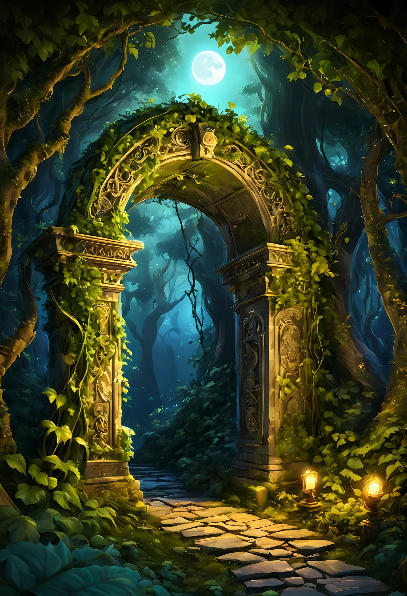 (Cute cartoon style:1.4), masterpiece in maximum 16K resolution. | A magical archway amidst the ancient forest clearing bathed in a soft moonlight. | The archway is covered in vibrant overgrown vines and adorned with intricate carvings emanating an ethereal glow. | ((More_Detail))