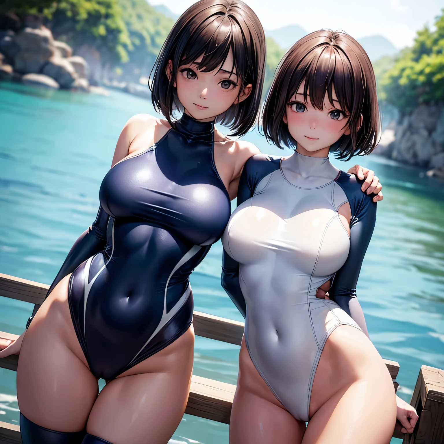 (4K,masterpiece,best quality),nsfw,medium shot,dynamic angle,outdoor,no background,no item,no object,bob cut,brown hair,detailed face,light smile,shy,no nose hole,(no sleeves,no tights,no arm cover),(two japanese women stand next to each other),(35 years old):1.2,slender body,finely detailed skin,big breast,beautiful hips,(closed-fitting deep-blue compression one piece swimsuit):1.2,wet,(emphasize body line):1.3,back shot,