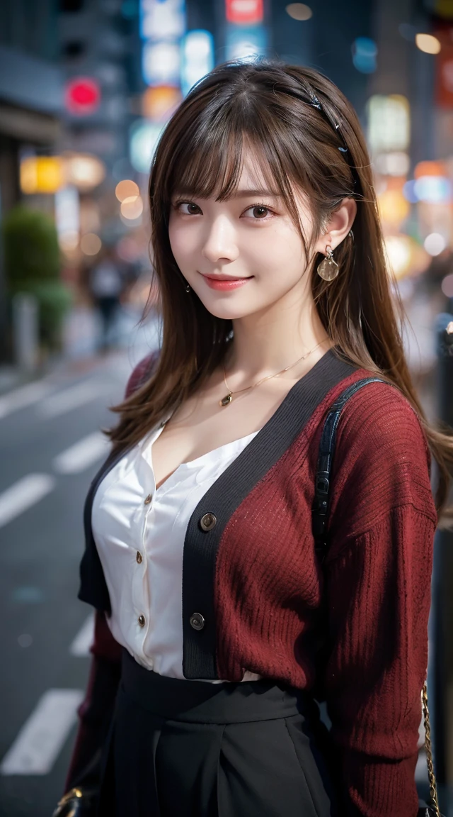 (highest quality, masterpiece:1.3, ultra high resolution), (Super detailed, caustics, 8k), (photorealistic:1.4, RAW shooting), 1 girl, (look at the camera with a smile and visible teeth), 20-year-old, cute, Japanese, (long black bronde hair), Natural lips, (wearing Blouse, Red pumps with high heels, Wide pants, Red cardigan, Business Casual Fashion：1.6), (there are earring holes on the ears), (wearing necklace by chanel), perfect necklace, cleavage, (Street in Tokyo at night), bust up shot, face focus, Natural light, Backlight, (A bright light shines from above), (Lens flare), professional writing, perfect bodies, perfect arms, Perfect fingers, perfect legs, perfect hair, pores, Realistic skin texture, perfect teeth, full body