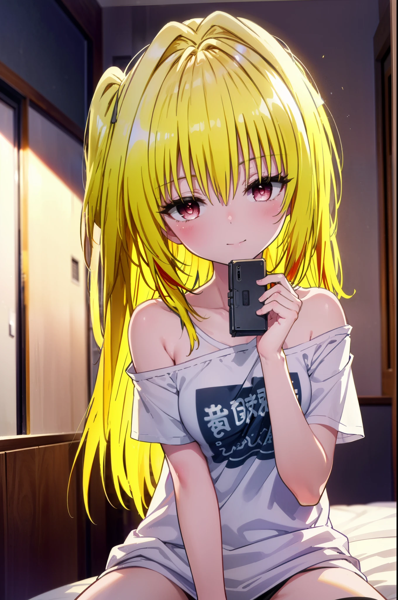 toloverumy, my, (Yellow Hair:1.5), Long Hair, (Red eyes:1.5),Messy Hair,smile,blush,Oversized T-shirt,One-shoulder T-shirt,Black string underwear,barefoot,Waking up,Sitting on the bed,morning,morning陽,The sun is rising,So that the whole body goes into the illustration,Sexy pose,
break indoors, Bedroom,
break looking at viewer, (Cowboy Shot:1.5),
break (masterpiece:1.2), highest quality, High resolution, unity 8k wallpaper, (figure:0.8), (Beautiful fine details:1.6), Highly detailed face, Perfect lighting, Highly detailed CG, (Perfect hands, Perfect Anatomy),