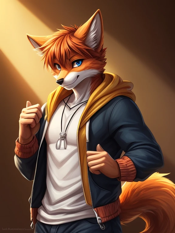 top quality, best quality, by bahnbahn, High-quality illustrations, masterpiece, shading, light, (kemono, furry anthro, alone), round, male, fox, blue fur, white fur, (casual clothing), furs, tail, energetic pose, friendly expression, big blue eyes, black pupils, spiky hair, orange jacket, black details, beige hoodie, modern outfit