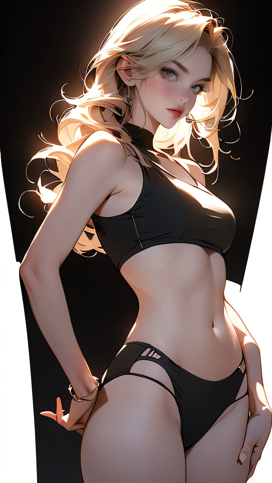 A woman wearing a bikini set, Black and white bikini set, (((A bold standing pose using a chair))), ((Micro Panties)), Camel Toe, Blonde Short Hair, (From below), (Beautifully detailed eyes), (Beautifully detailed face), (Very detailedな顔), ((Very detailed hand drawing:1.5)), ((Thick thighs)), (Beautiful body), (Wall thickness), (Pin spot on black background), (Gentle light), (Written boundary depth), (Very detailed), (Realistic))), 8k, wallpaper, masterpiece, 最high quality, high quality, High resolution、sexy, Upper body portrait, View from behind, Standing pose