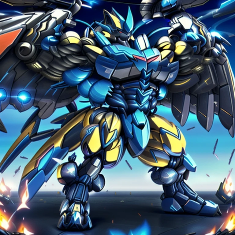 (dominating zeraora. Zeraora is over 1000 meters long. giant mechanical Muscular Zeraora is trampling the city. Looking down. macro. stomp)
(smoke and flames rising from the destruction in the city)
Additional details 1: (masterpiece. official art. 8k. best quality) (high-tech bio-mecha armor. real texture material. whole body shines like metal. Wearing cyberpunk mecha. emphasizes the muscles. suit fully made of metal. intricate armor. Robotic suit. suit fully made of metal. cyborg. Powered exoskeleton with the same design as Zeraora).
Additional details 2: (gigantic muscles. HYPER MUSCLES. Gigachad Muscular. big muscle. pecs. triceps. traps. unusually developed muscular body. body full of huge muscles. showing off muscles. pectorales enormes. Exaggeratedly huge muscles.).
Additional details 3: (Spread wings. It has wings. have big wings. golden wings).
Additional details 4: (giant zeraora. Zeraora's giant robot. ). gundam.