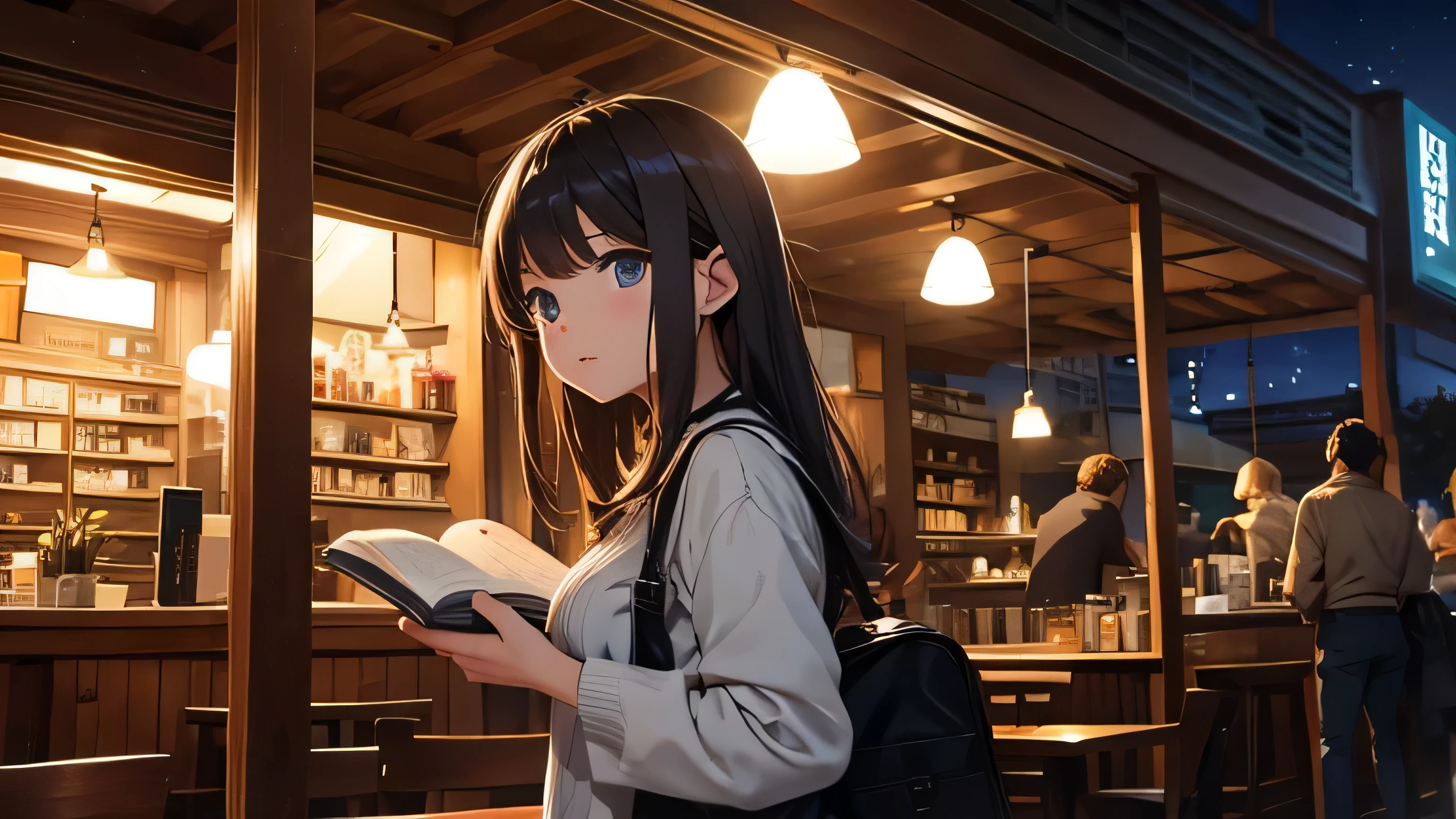 Cafe、Book、night、Day Book of Anime、girl、lofi