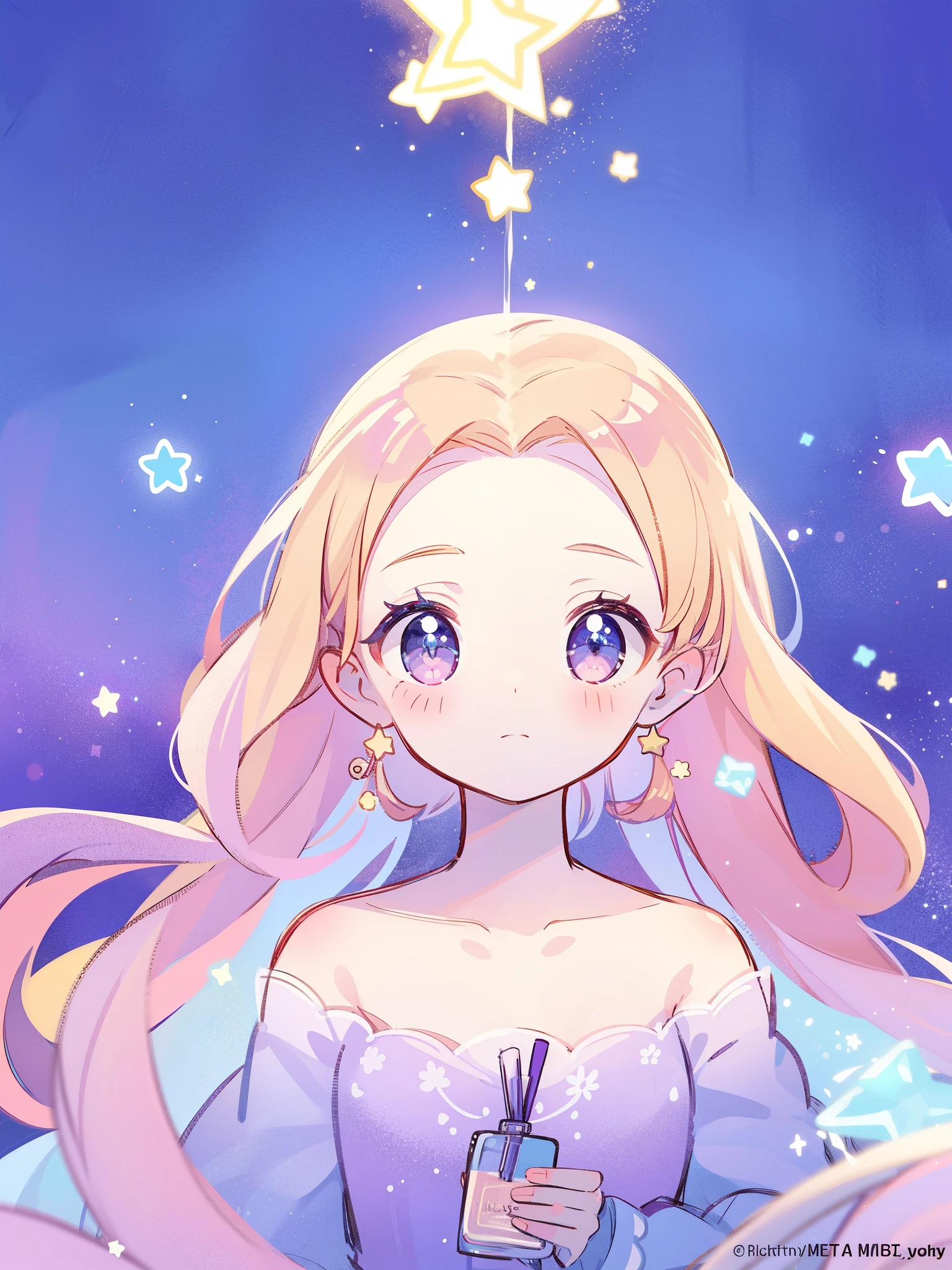 complex background, wishing star background, magical girl wearing an ethereal mystical pink translucent dress that reflects the stars, close up, sparkling detailed eyes, golden ratio face, perfect composition, perfume promo art, mystic, complex drawing, highly detailed, Covergirl brand, promo art, artistic rendition, ethereal, starry night, midjourney style