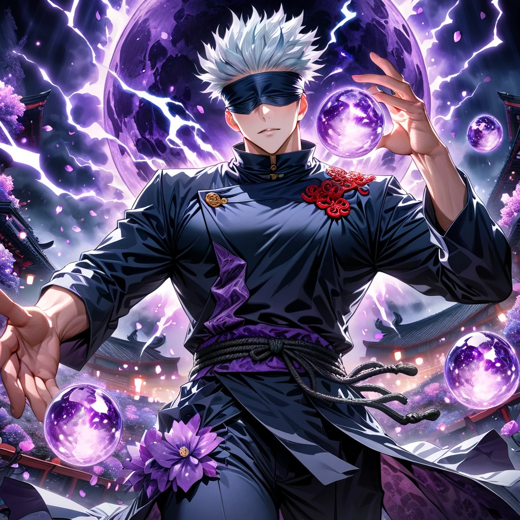 Ultra detailed, highres, absurdres, HDR, master piece, Gojo Satoru, white hair, blindfolded eyes, Jujutsu Kaisen, fantasy, petals, purple flowers, handsome, sexy man, solo, black clothes, magic, purple fireflies, purple moon, best quality, extremely detailed face, purple lightning