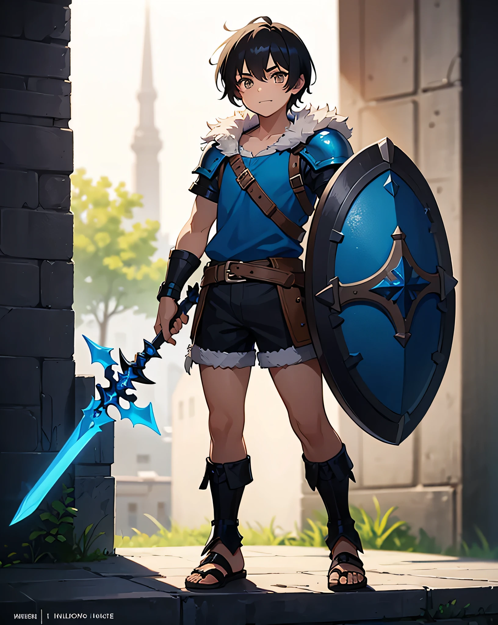 with black hair and brown eyes, happy, dressed in short neon-blue blue medieval barbarian clothes, fur shorts, light-battle armor, weilding silver sword and shield, sandals; fullbody; short hair, masculine