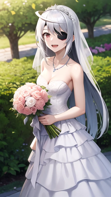 masterpiece, best quality, highres, aalaura, long hair, eyepatch, small breasts, wedding dress, cleavage, necklace, strapless, white dress, garden, standing, holding bouquet, open mouth, smile, confetti,