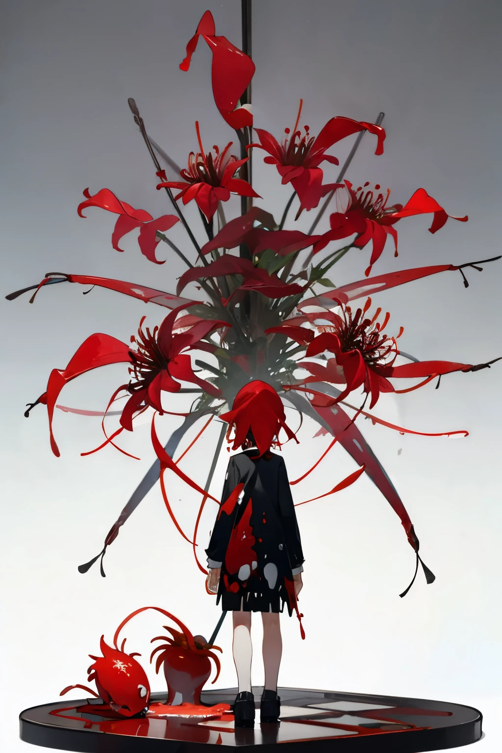 Ketchup splattering、Red spider lily、A small figure in the distance、shout、Despairing Figure、Back view