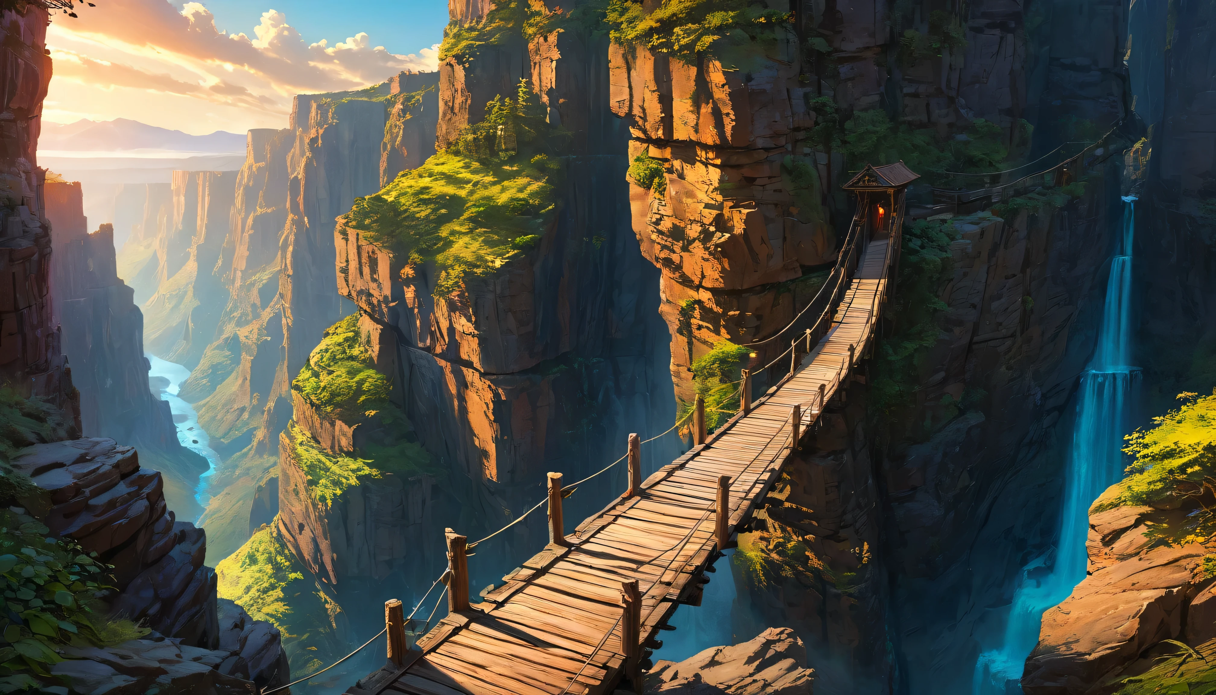 (anime, dark fantasy), (by Greg Rutkowski: 1.2), (masterpiece, best quality, high resolution, highly detailed, depth of filed, HDR:1.2), ((narrow wooden bridge between canyon, dangerous, rocky cliff)), fantastical landscapes, vibrant colors, majestic, enchanted, warm atmosphere, beautiful, extremely detailed, intricate, delicate, serene fantasy, cinematic lighting, 8k, high quality