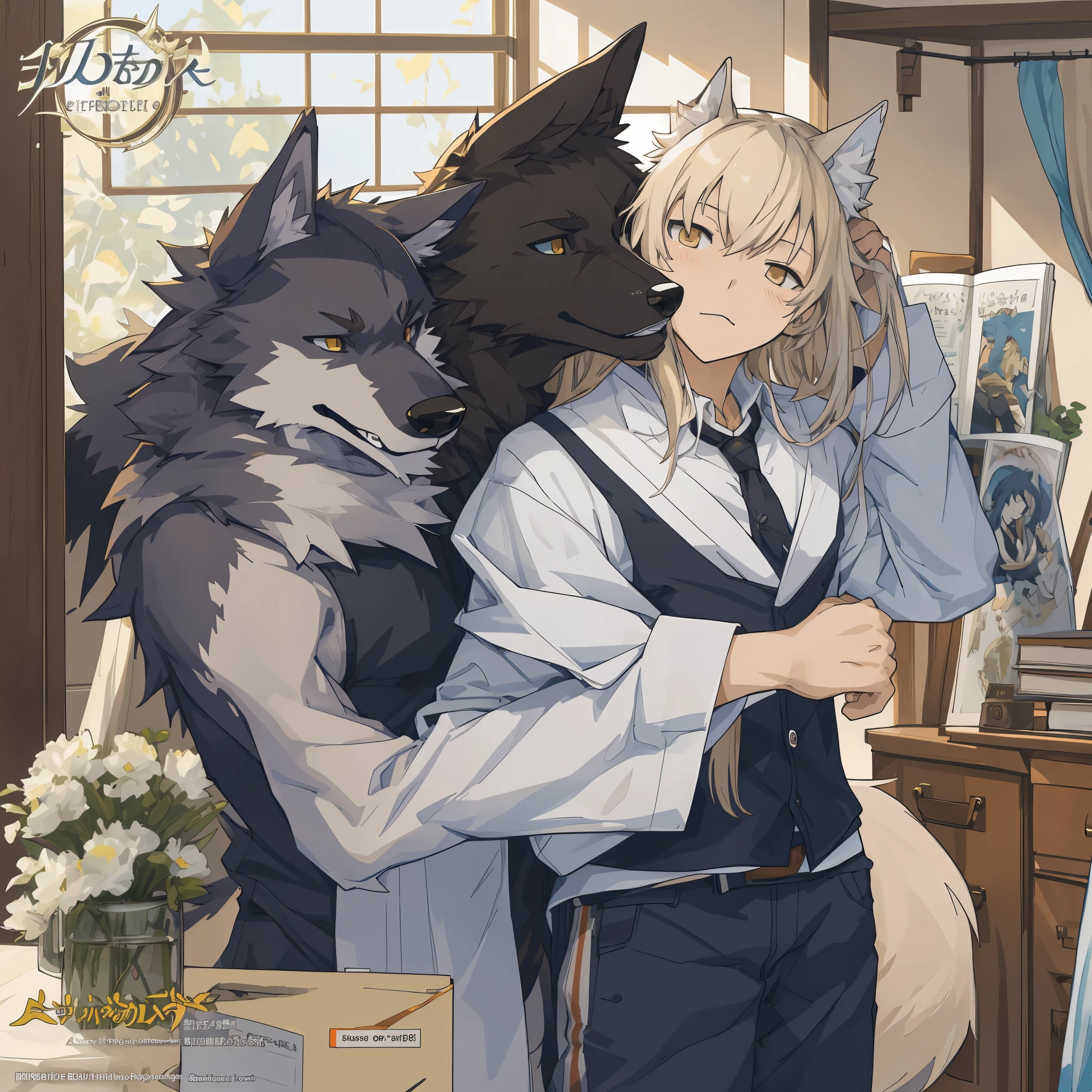 High-quality illustrations, doujinshi cover_page, highres, absurdres, The story of the meeting of a girl and a wolf,