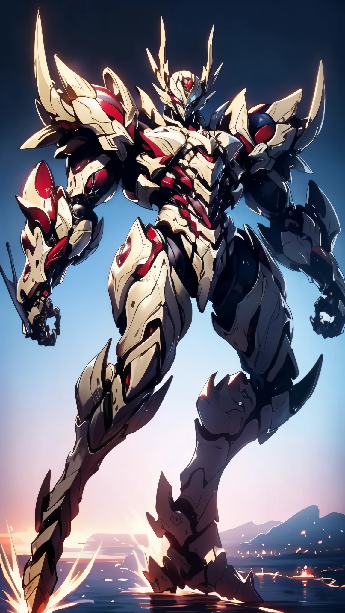 Humanoid Mecha, fully enclosed shoulder guards, matching arm and leg guards, full body, full armor, the design balances heavy with agility, (the color scheme is primarily white with red and blue accents, the concept Inspired by Super robot, organic biotech armor, standing, floating high above the futuristic sci-fi city), exquisite and mature art style, (aura effect, energy, glowing eyes, the armor glows), ((SRS)), metallic, dynamic, dramatic, high definition, best quality, highres, ultra-detailed, ultra-fine painting, extremely delicate, professional, perfect body proportions, anatomically correct, symmetrical face, extremely detailed eyes and face, high quality eyes, creativity, RAW photo, UHD, 32k, Natural light, cinematic lighting, masterpiece-anatomy-perfect, masterpiece:1.5