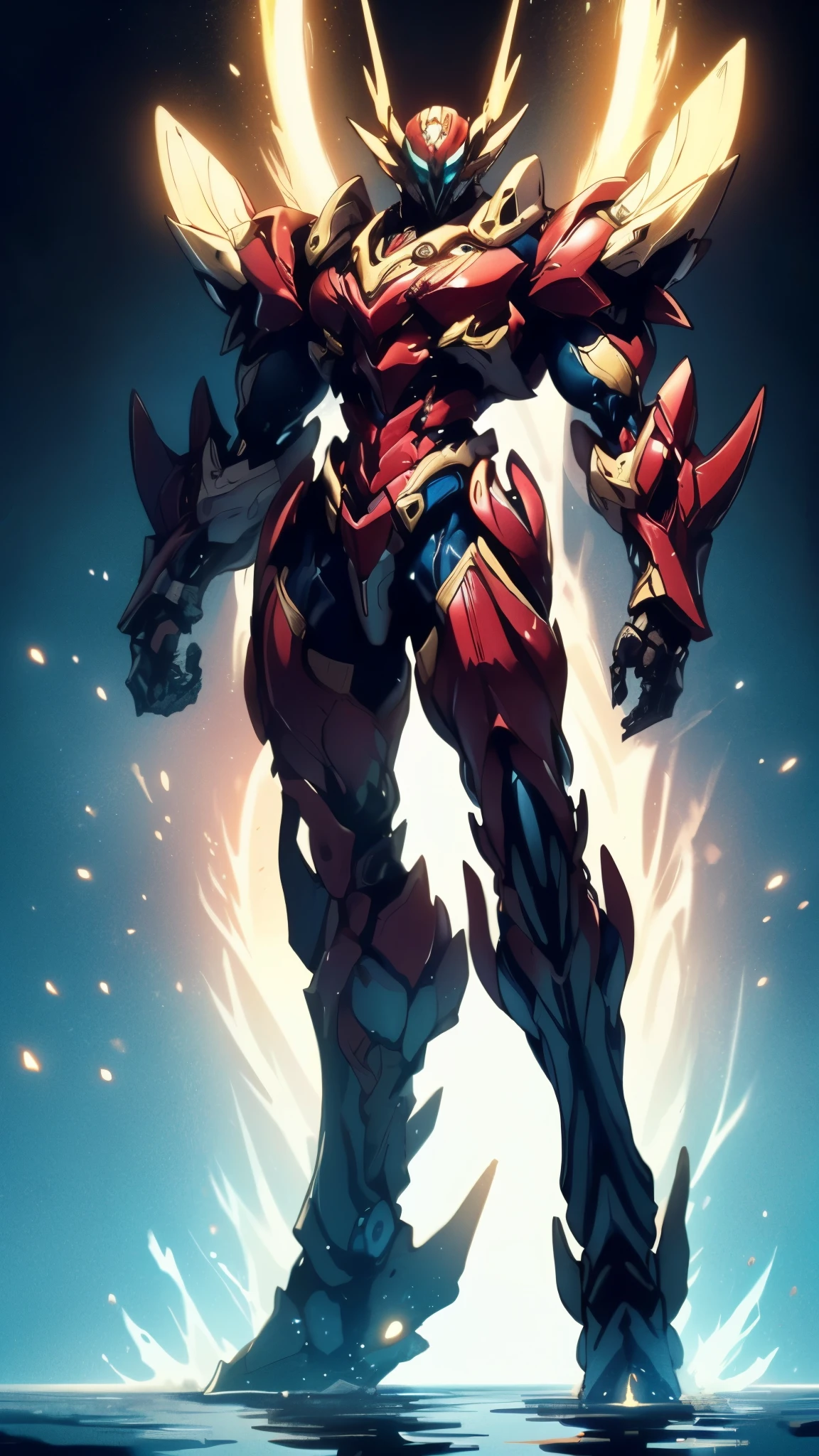 Humanoid Mecha, fully enclosed shoulder guards, matching arm and leg guards, full body, full armor, the design balances heavy with agility, (the color scheme is primarily white with red and blue accents, the concept Inspired by Super robot, organic biotech armor, standing, floating high above the futuristic sci-fi city), exquisite and mature art style, (aura effect, energy, glowing eyes, the armor glows), ((SRS)), metallic, dynamic, dramatic, high definition, best quality, highres, ultra-detailed, ultra-fine painting, extremely delicate, professional, perfect body proportions, anatomically correct, symmetrical face, extremely detailed eyes and face, high quality eyes, creativity, RAW photo, UHD, 32k, Natural light, cinematic lighting, masterpiece-anatomy-perfect, masterpiece:1.5