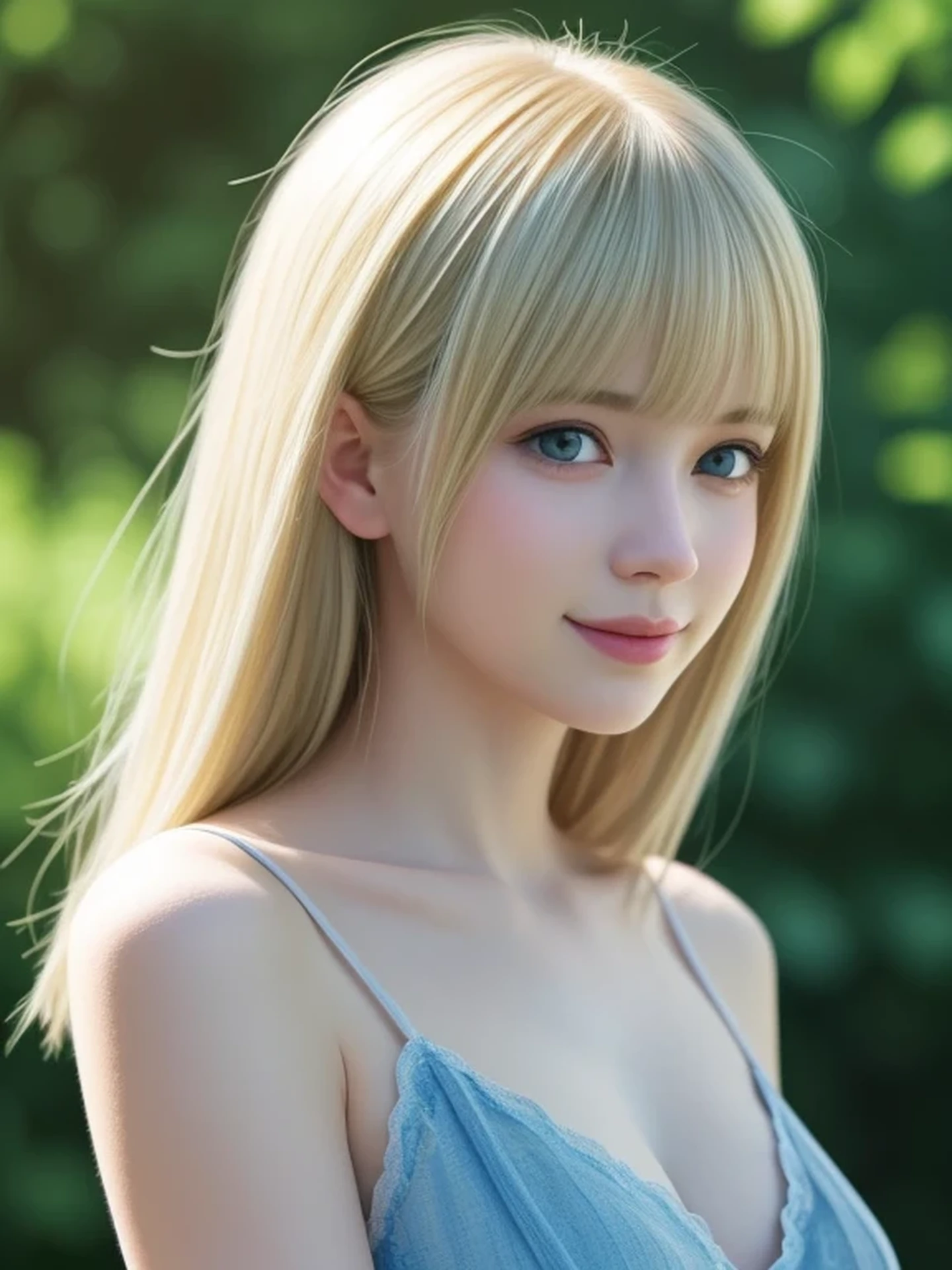 (looking away:1.4), (upper body shot:1.2), Realistic digital painting of a woman portrait, Shy, Cute Smile, blue eyes, (medium Blonde Hair:1.3), bangs, (Highly detailed skin:1.2), Mystical style, Global Illumination,