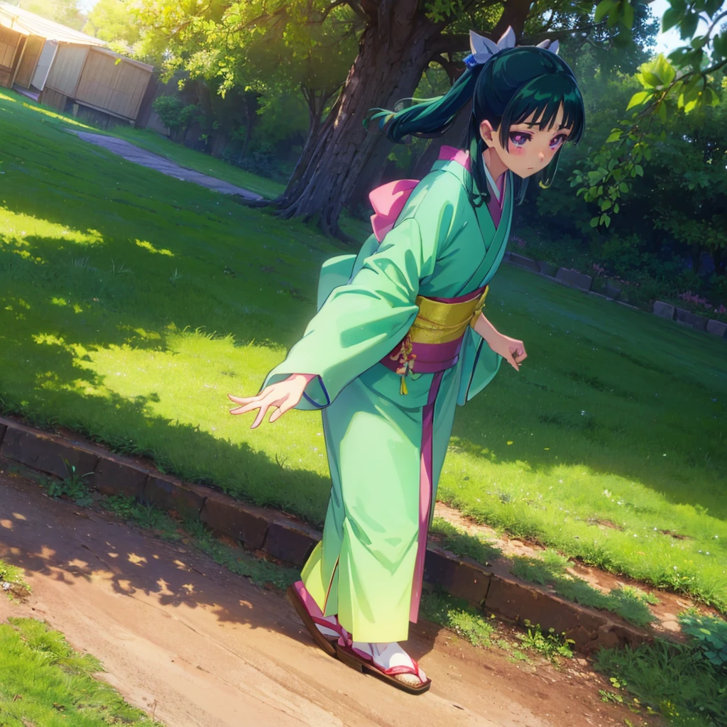 ((Maomao　Green kimono)))　((Standing in the field　Sunshine　Blushing　Dance))　(Shining Background　Shining Edge) High angle