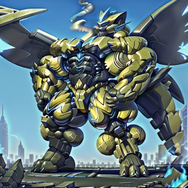 (masterpiece. official art. 8k. best quality. detailed full body. full body.)

(situation 1 : dominating zeraora. Zeraora is over 1000 meters long. giant mechanical Muscular Zeraora is trampling the city. Looking down. macro. stomp. Low-angle perspective. emphasizing the immense size.)

(situation 2 :smoke and flames rising from the destruction in the city)

(Additional details 1: wearing a full-face helmet. high-tech bio-mecha armor. real texture material. whole body shines like metal. Wearing cyberpunk mecha. emphasizes the muscles. suit fully made of metal. intricate armor. Robotic suit. suit fully made of metal. cyborg. Powered exoskeleton with the same design as Zeraora).

(Additional details 2: (Detailed head. Detailed Body. Detailed abs. gigantic muscles. HYPER MUSCLES. Gigachad Muscular. big muscle. pecs. triceps. traps. unusually developed muscular body. body full of huge muscles. showing off muscles. pectorales enormes. Exaggeratedly huge muscles. huge muscles. long legs.).

(Additional details 3: Spread wings. It has wings. have big wings. golden wings. The claws are sharp. Sharp teeth.).

(Additional details 4: black color hyper penis. hyper black penis. big penis)