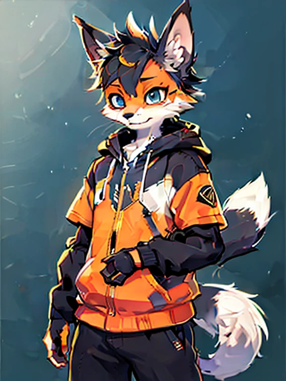 top quality, best quality, by bahnbahn, High-quality illustrations, masterpiece, shading, light, (kemono, furry anthro, alone), round, male, fox, blue fur, white fur, (casual clothing), furs, tail, energetic pose, friendly expression, big blue eyes, black pupils, spiky hair, orange jacket, black details, beige hoodie, modern outfit