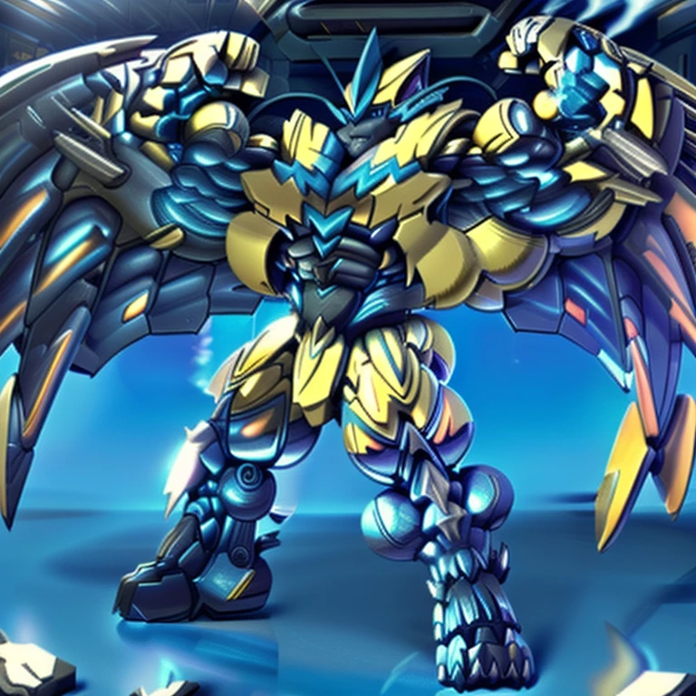 (dominating zeraora. Zeraora is over 1000 meters long. giant mechanical Muscular Zeraora is trampling the city. Looking down. macro. stomp)
(smoke and flames rising from the destruction in the city)
Additional details 1: (masterpiece. official art. 8k. best quality) (high-tech bio-mecha armor. real texture material. whole body shines like metal. Wearing cyberpunk mecha. emphasizes the muscles. suit fully made of metal. intricate armor. Robotic suit. suit fully made of metal. cyborg. Powered exoskeleton with the same design as Zeraora).
Additional details 2: (gigantic muscles. HYPER MUSCLES. Gigachad Muscular. big muscle. pecs. triceps. traps. unusually developed muscular body. body full of huge muscles. showing off muscles. pectorales enormes. Exaggeratedly huge muscles.).
Additional details 3: (Spread wings. It has wings. have big wings. golden wings).
Additional details 4: (giant zeraora. Zeraora's giant robot. ). gundam.