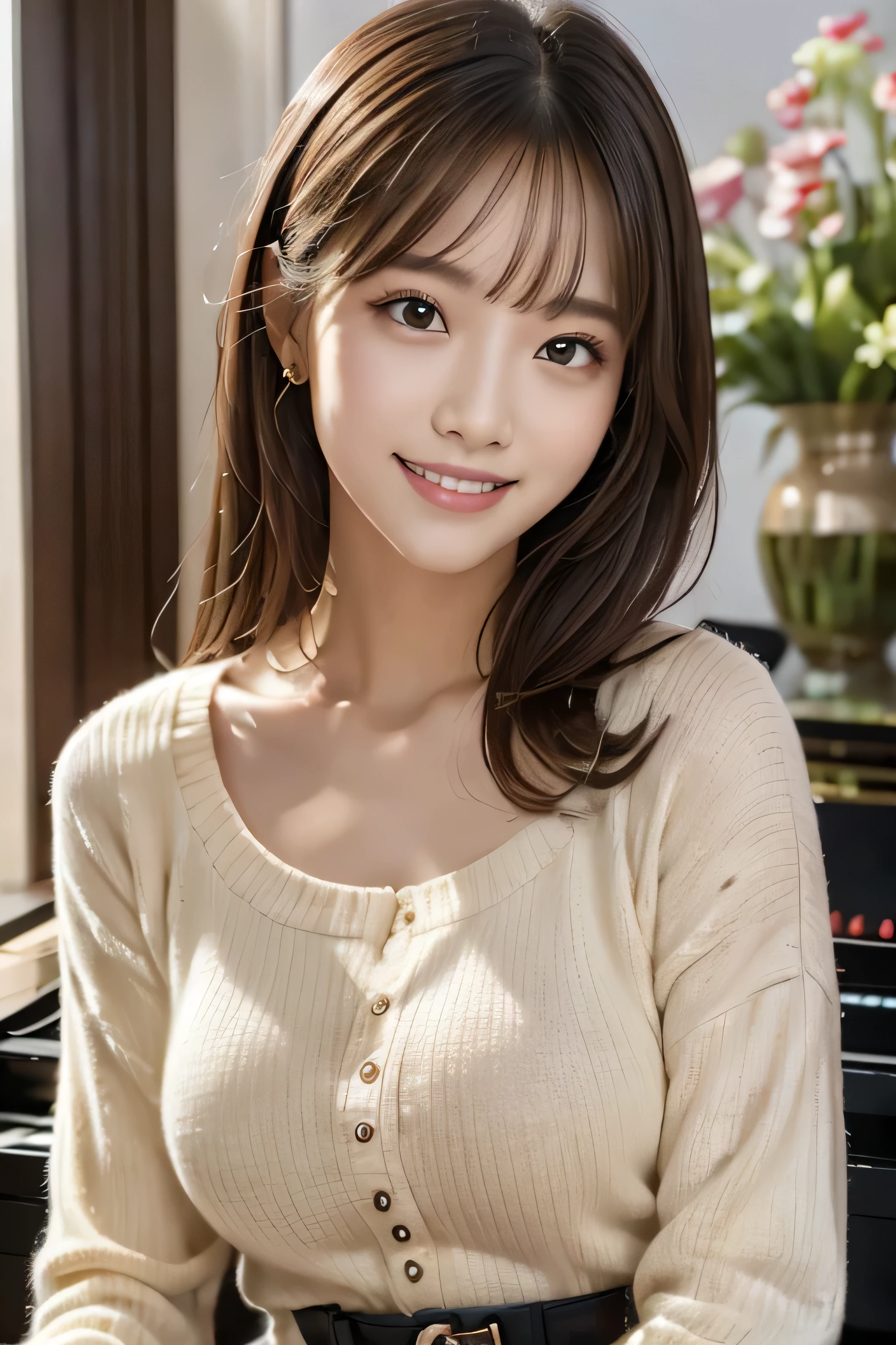 (masterpiece, best quality:1.1), (8k, raw photo, photo realistic:1.2, f22), (shiny skin), detailed skin,long hair,detailed face, detailed eyes, smile,BREAK, real world, intricate details, smil, BREAK, 1girl, (orange,blouse), BREAK, (piano, play:1.4), BREAK
