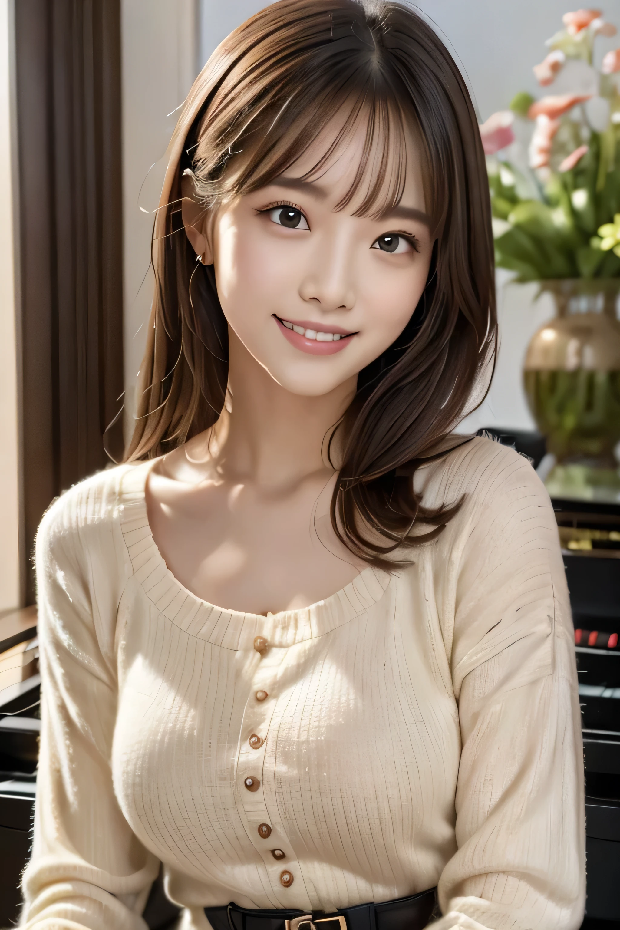 (masterpiece, best quality:1.1), (8k, raw photo, photo realistic:1.2, f22), (shiny skin), detailed skin,long hair,detailed face, detailed eyes, smile,BREAK, real world, intricate details, smil, BREAK, 1girl, (orange,blouse), BREAK, (piano, play:1.4), BREAK