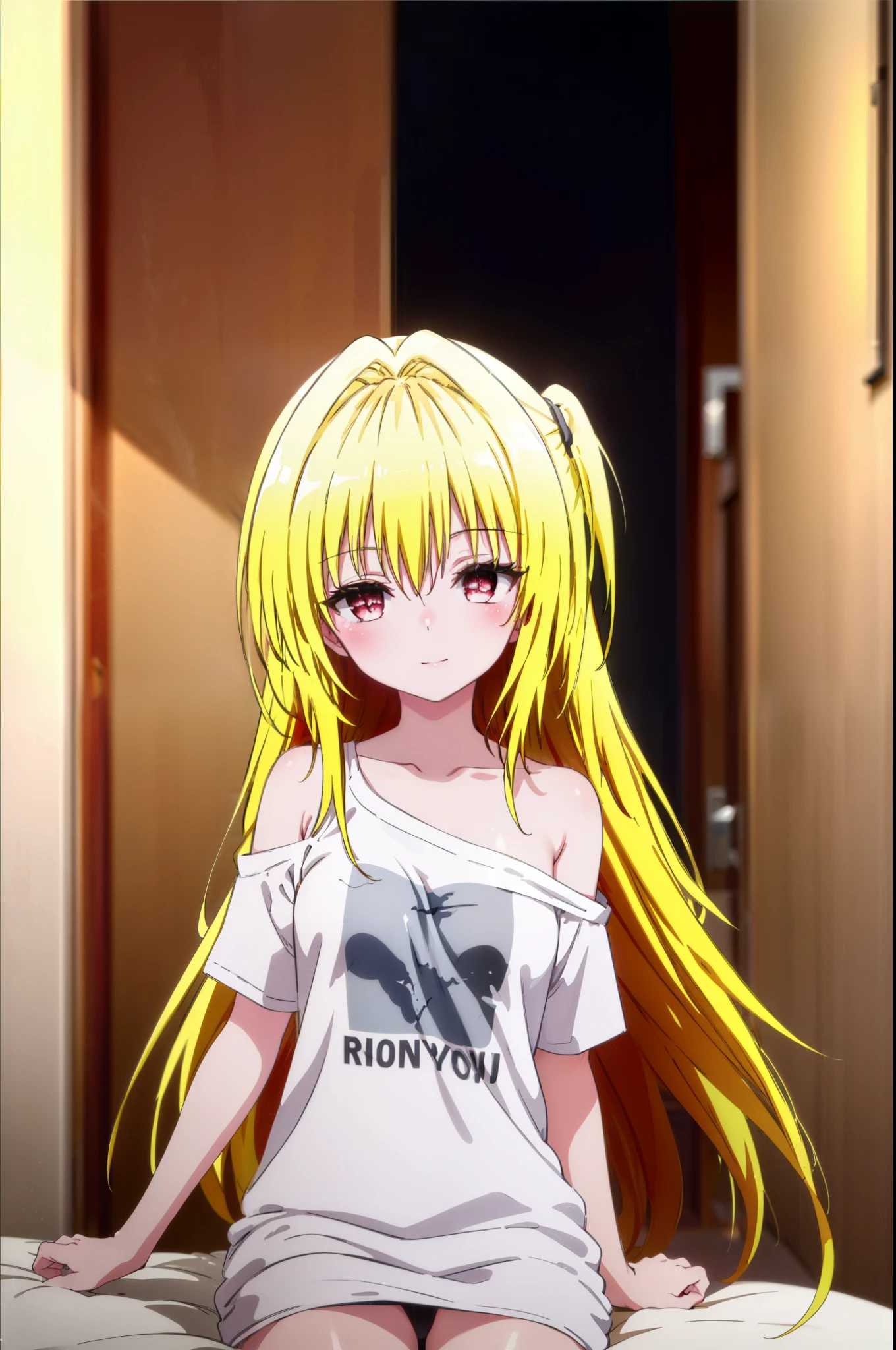 toloverumy, my, (Yellow Hair:1.5), Long Hair, (Red eyes:1.5),Messy Hair,smile,blush,Oversized T-shirt,One-shoulder T-shirt,Black string underwear,barefoot,Waking up,Sitting on the bed,morning,morning陽,The sun is rising,So that the whole body goes into the illustration,Sexy pose,
break indoors, Bedroom,
break looking at viewer, (Cowboy Shot:1.5),
break (masterpiece:1.2), highest quality, High resolution, unity 8k wallpaper, (figure:0.8), (Beautiful fine details:1.6), Highly detailed face, Perfect lighting, Highly detailed CG, (Perfect hands, Perfect Anatomy),