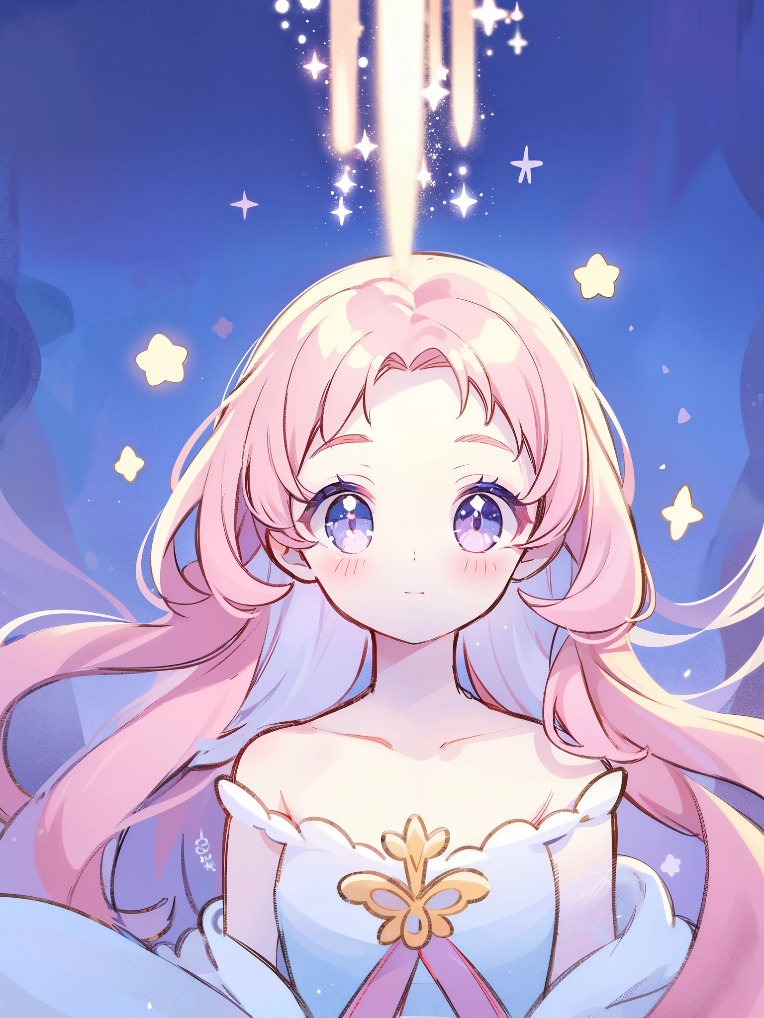 complex background, wishing star background, magical girl wearing an ethereal mystical pink translucent dress that reflects the stars, close up, sparkling detailed eyes, golden ratio face, perfect composition, perfume promo art, mystic, complex drawing, highly detailed, Covergirl brand, promo art, artistic rendition, ethereal, starry night, midjourney style