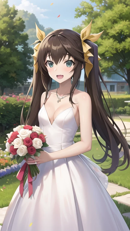 masterpiece, best quality, highres, Huang Lingyin, long hair, twintails, hair ribbon, small breasts, wedding dress, cleavage, necklace, white dress, garden, standing, holding bouquet, open mouth, smile, confetti,