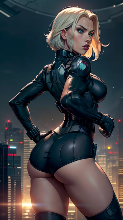(masterpiece, top quality, best quality, official art, beautiful and aesthetic:1.2),(Scarlett Johansson),(Platinum Blonde Hair),(Detailed Ass),(Detailed eyes),(Detailed Nose),(Detailed Lips),(Detailed Thighs),(Goth Makeup),(Green Tactical Vest), Scarlett Johansson as Black Widow stands poised on a rooftop, overlooking a sprawling cityscape. Captured from behind, her silhouette is defined by the sleek lines of her black tactical suit, complete with holsters and gadgets. Her hair cascades down her back, catching the light from the setting sun. The city below is alive with lights and movement, providing a stark contrast to her still, vigilant figure. She stands with her legs slightly apart and hands on her hips(focus on her thick buttcheeks), exuding a sense of readiness and contemplation, prepared for whatever challenges await.