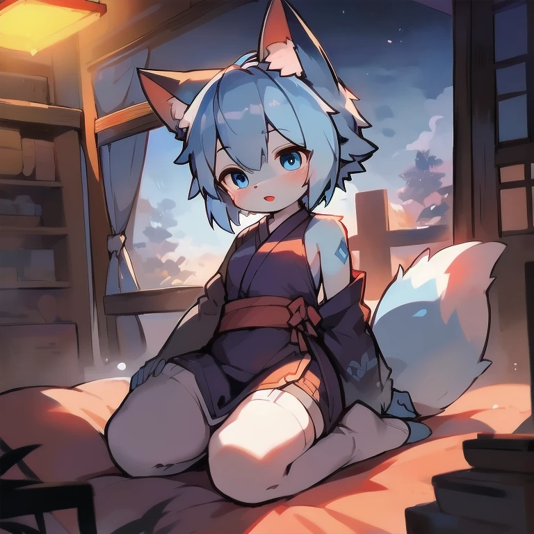 white sock, legs open, neckline, lying on a bed, night, akatsuki outfit, 1girl, big breasts, smile, short, chubby, full body, long blue hair, upper blue hair, chained lower red hair, blue fox ears, blue fox tail, big bust, grey eyes, grey pupils, purple kimono, black knee length shorts, scanned, , Hedda Sterne