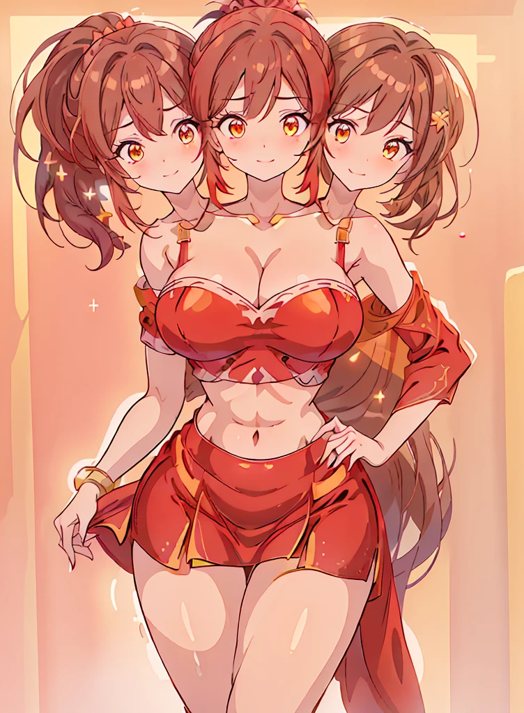 (16K), ((three headed woman)), smiling, highres, masterpiece, ((brown hair)), cleavage, large breasts, ((red dress:1.5)), lustrous and smooth skin, (mature woman), seductive silhouette, casual crop top, sexy proportions, Beautiful girl with accentuated slender abs, seductive woman, ((party background)), necklace, red miniskirt, miniskirt, open belly, exposed midriff, strapless, sleeveless, yellow eyes, beautiful eyes, ((long bushy ponytail)), ((gala)), cowboy shots
