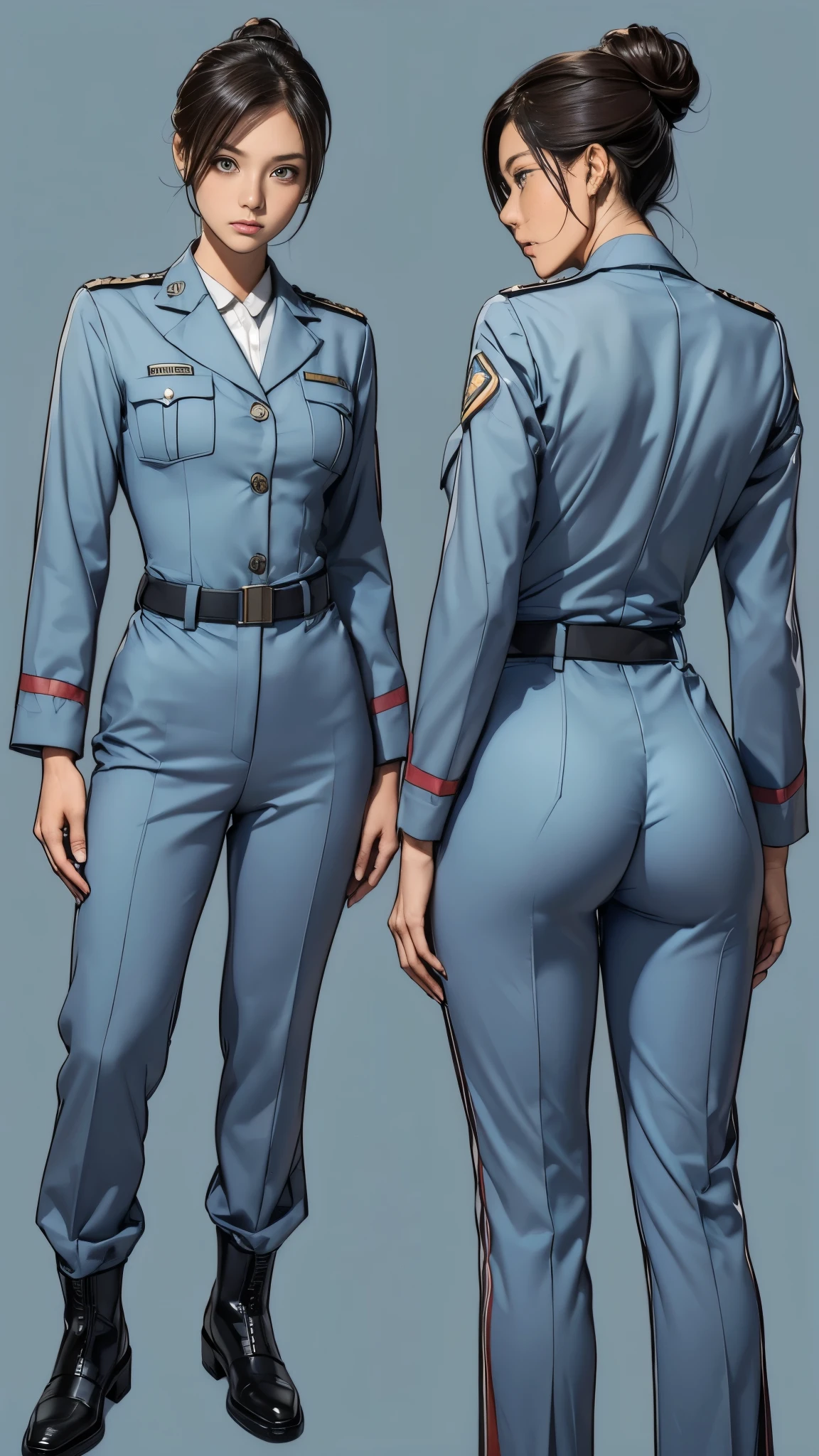 ((masterpiece)),(((highest quality))),((Reference Sheet, Character Design, front, return, ~ ~ side, Mr..々Hairstyle, Mr..々Performance, Facial Expressions)), 14-year-old girl, Cute type, (Very slim:1.4), (Very small ass:1.4), Realistic buttocks, (Big Breasts:1.3), Short Bob, Thin thighs, Long legs, It's not a big deal,(A female Earth Federation officer is walking), (Wearing Earth Federation military uniform, Light grey and light blue military uniform),(Worn by federal government employees'White Hat:1.5)