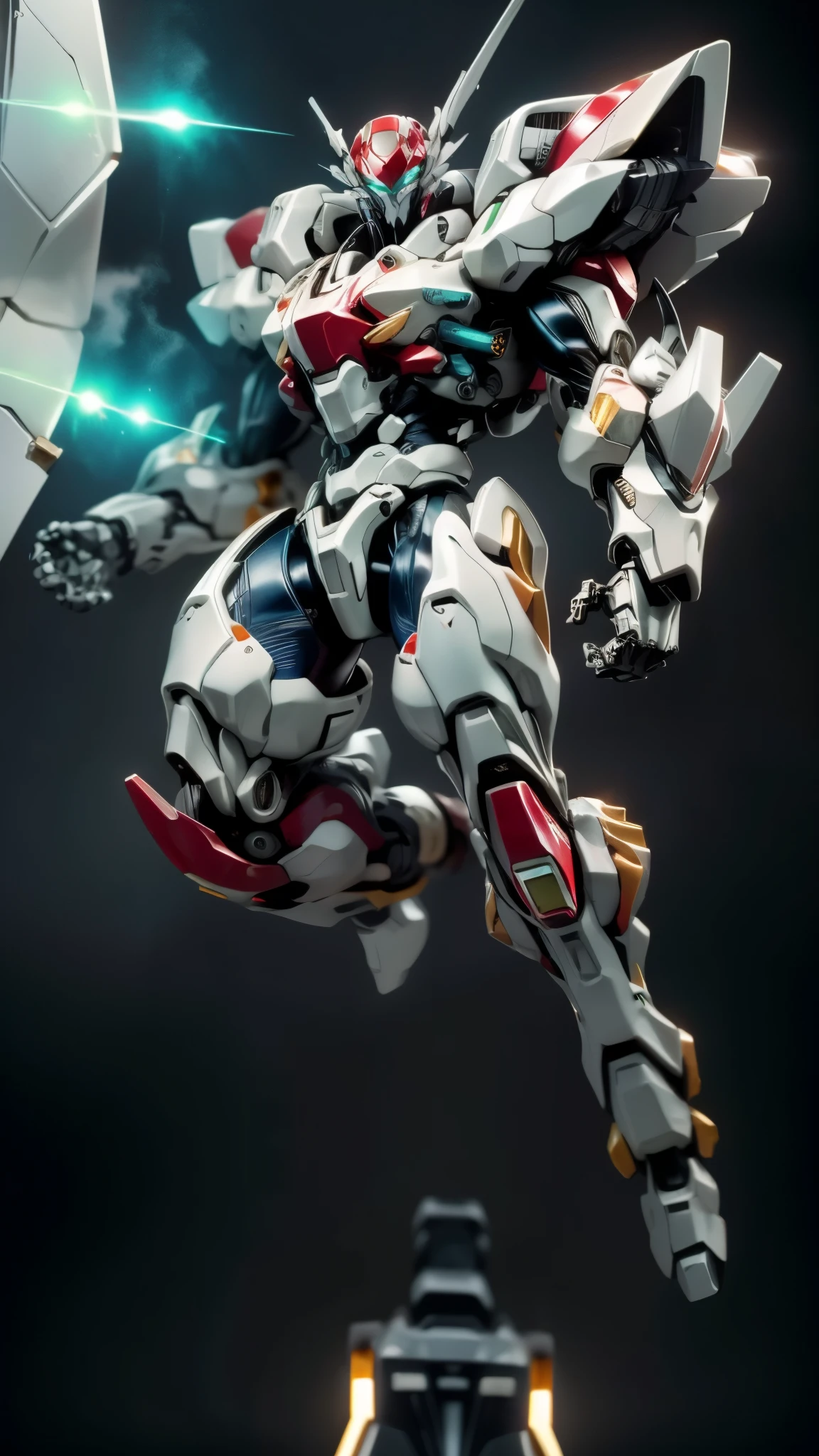 Humanoid Mecha, fully enclosed shoulder guards, matching arm and leg guards, full body, full armor, the design balances heavy with agility, (the color scheme is primarily white with red and blue accents, the concept Inspired by Super robot, organic biotech armor, standing, floating high above the futuristic sci-fi city), exquisite and mature art style, (aura effect, energy, glowing eyes, the armor glows), ((SRS)), metallic, dynamic, dramatic, high definition, best quality, highres, ultra-detailed, ultra-fine painting, extremely delicate, professional, perfect body proportions, anatomically correct, symmetrical face, extremely detailed eyes and face, high quality eyes, creativity, RAW photo, UHD, 32k, Natural light, cinematic lighting, masterpiece-anatomy-perfect, masterpiece:1.5