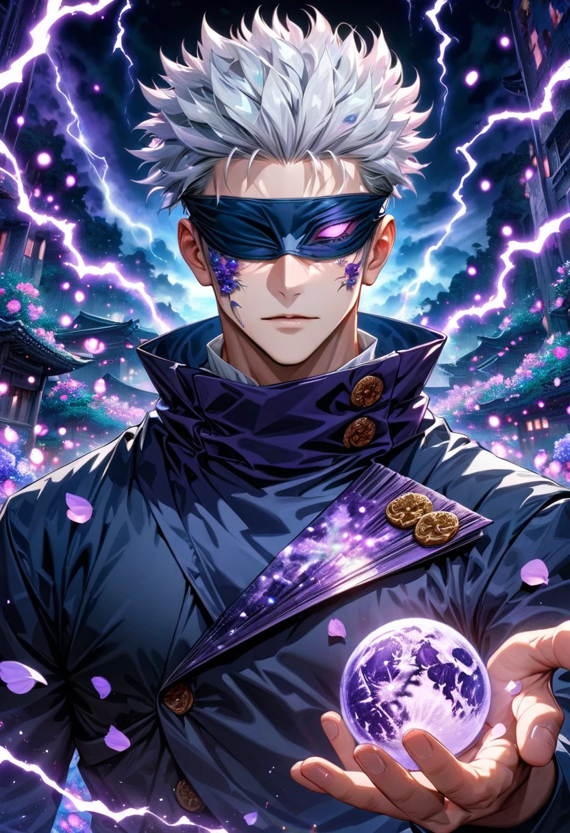 Ultra detailed, highres, absurdres, HDR, master piece, Gojo Satoru, white hair, blindfolded eyes, Jujutsu Kaisen, fantasy, petals, purple flowers, handsome, sexy man, solo, magic, purple fireflies, purple moon, best quality, extremely detailed face, purple lightning