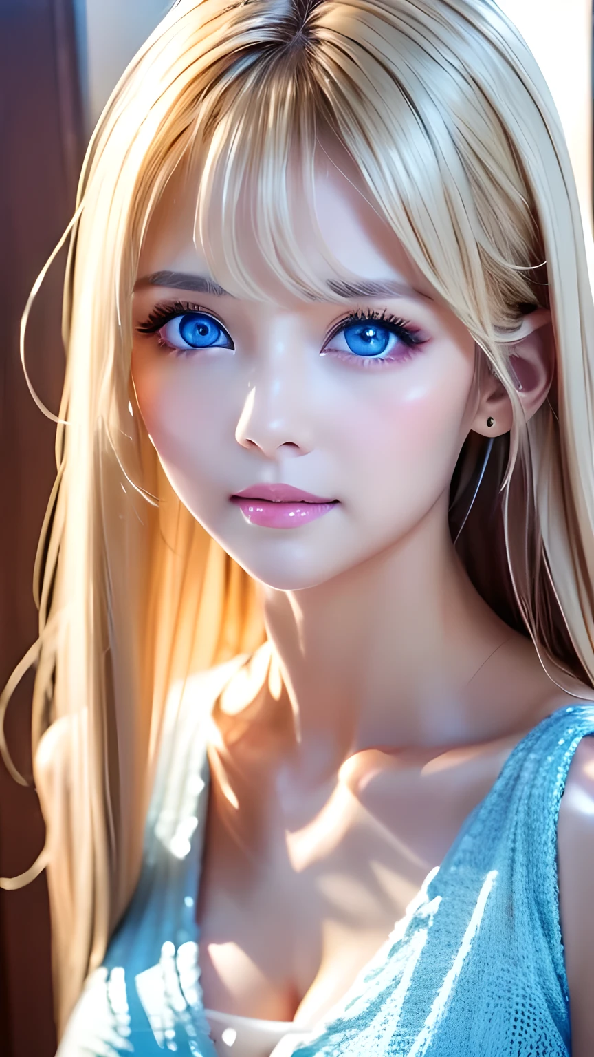 True Photo Quality、Extraordinary sexy beauty、Beautiful calm and bright expression、Sexy refreshing look、Long bangs that fall on a perfect beautiful cute face、Super long blonde straight silky hair、blonde on a beautiful face、Very cute beautiful sexy young little woman、Very perfect beautiful cute face、Beautiful bright sky blue eyes、Very big eyes、Hair above the eyes、片Hair above the eyes、Hair between the eyes、Very radiant white skin、Cheek gloss