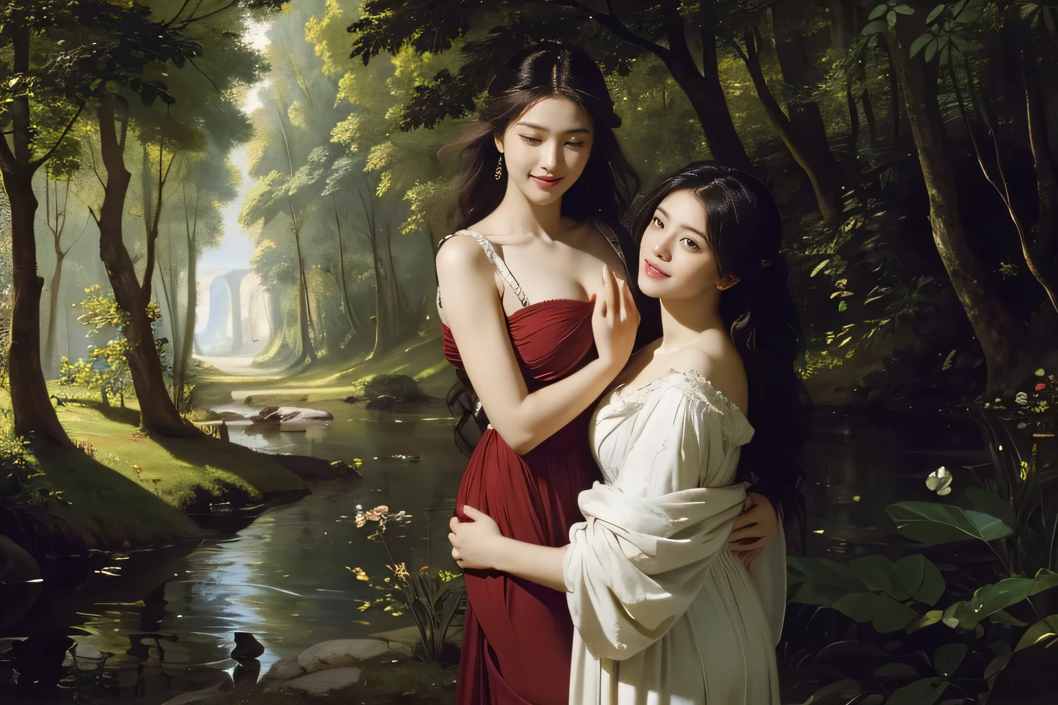 Giorgione painting style,Barbizon forest A beautiful woman in Greek dress smiles on the shore,Sweet and seductive appearance.、Caravaggio's paintings、Chiaroscuro of Caravaggio、hair tousled by the wind,Two women frolicking,cute smile, expression of ecstasy,Sexy,erotic, full body portrait