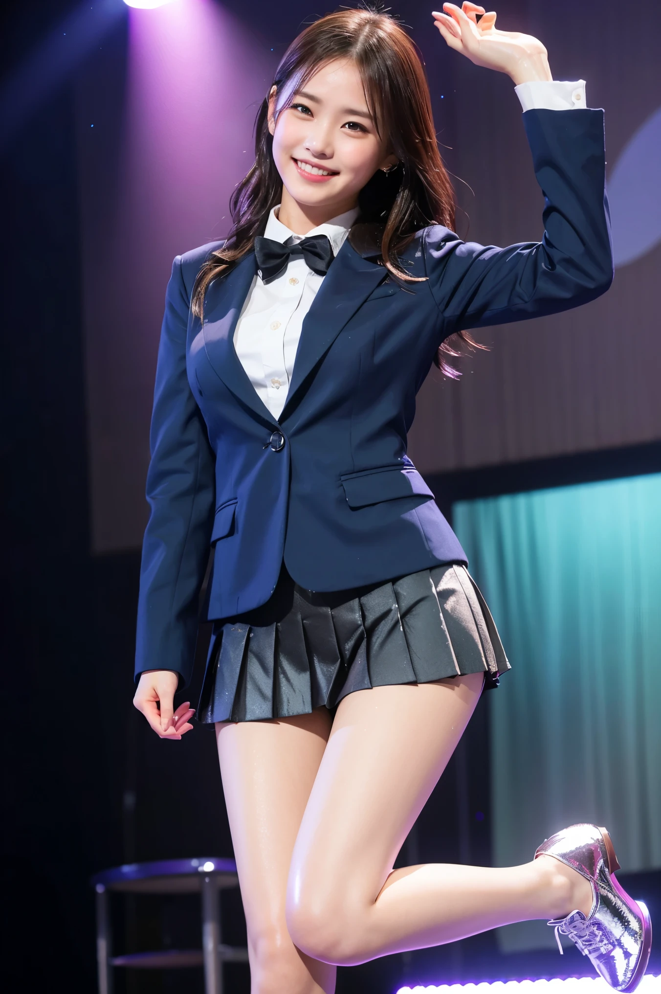 (8k), (highest quality: 1.2), (Realistic), (Realistic: 1.37), Ultra-high resolution, 1 girl, cute, (Embarrassed smile:1.2), (Blushing:1.4)Mouth closed, Beautiful details, Beautiful Nose, Wet Hair, Giant Dulcefo, pork, Thighs,Navel exposed,University Student Uniform,A simple blazer,Pleated skirt,Platform boots,Dancing on the school stage,(shiny legs:1.4),Medium Shot