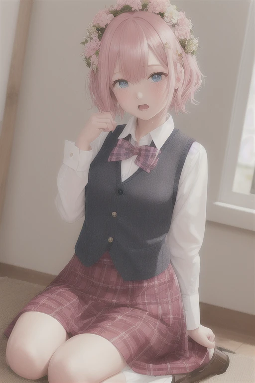 girl with short pink hair and blue eyes.,1 Girl,One,A skirt,blush,flower,sitting,vest,Wreath on the head,plaid,plaid A skirt,plaid vest,shirt,Long sleeves,A skirt set,wariza,hair ornament,I look at the viewer,clothes lift,seiza, scared open mouth,hair flower,A skirt lift,bead of sweat,, masterpiece,Best quality,