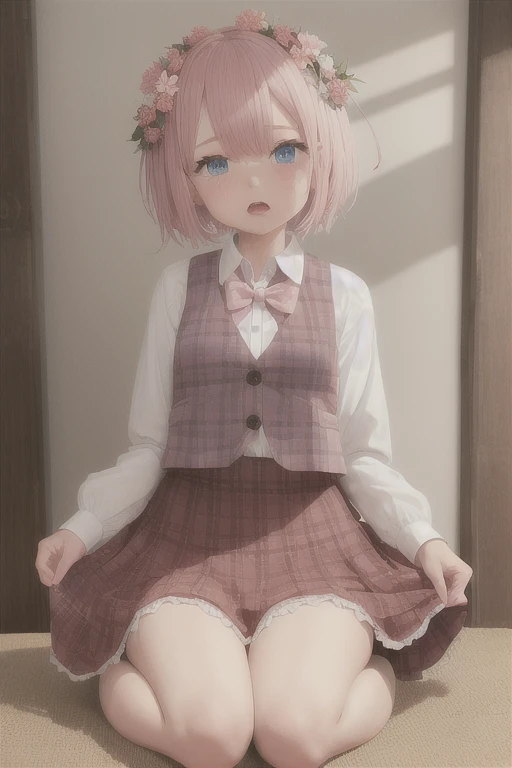 girl with short pink hair and blue eyes.,1 Girl,One,A skirt,blush,flower,sitting,vest,Wreath on the head,plaid,plaid A skirt,plaid vest,shirt,Long sleeves,A skirt set,wariza,hair ornament,I look at the viewer,clothes lift,seiza, scared open mouth,hair flower,A skirt lift,bead of sweat,, masterpiece,Best quality,