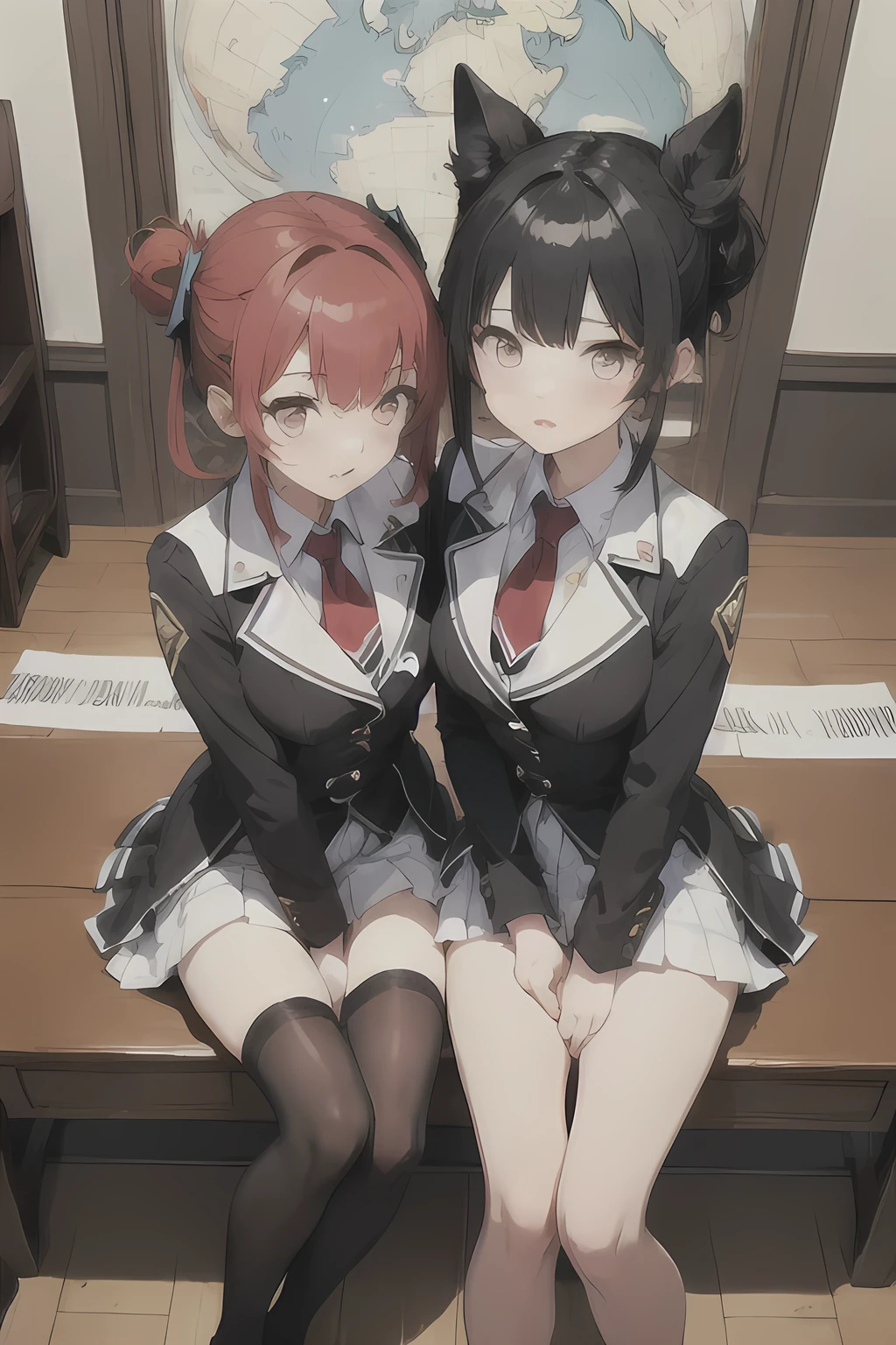 2 girls, Redhead, Updo, Facial hair stripes, Red eyes, mascara, abdomen, skirt, Sagging under the eyes, Sitting,Ground angle shot, Viewers looking up,  Impact, 8k, masterpiece,Thighs,color、sexy、uniform、School、high school student