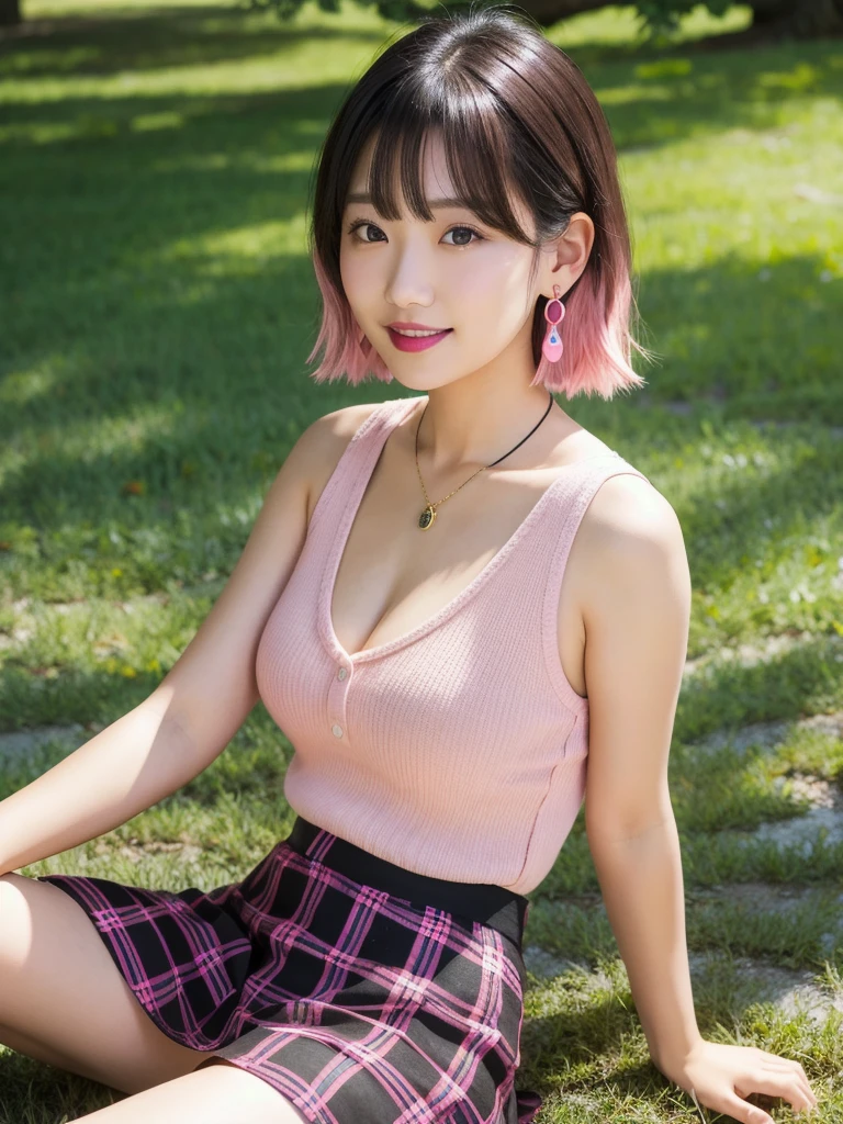 (8k, Photorealistic, Raw photo, Highest quality: 1.4),Japanese idol style１Beautiful girl of the person,18-year-old,Short bob hairstyle,Blackの髪,She has her hair tucked behind her ears,She has small earrings in her ears,Big, clear grey eyes,Long eyelashes,Plump Cheeks,(She is applying lipstick,(Pink :1.4)),Apply gloss over your lipstick for glossy, plump lips,Smiling,A short pendant is hanging around her neck.,両手の爪にBlackのマニキュアを塗っている,両足の爪にBlackのマニキュアを塗っている,Wearing a sleeveless summer knit top on bare skin,I can see her cleavage(Wearing a pleated skirt,(Plaid,Black :1.4)),barefoot,(Grass under the tree in the park),(Legs crossed :1.4,Sitting),She is surrounded by the gentle sunlight filtering through the trees.,Angle from the front,Full body portrait