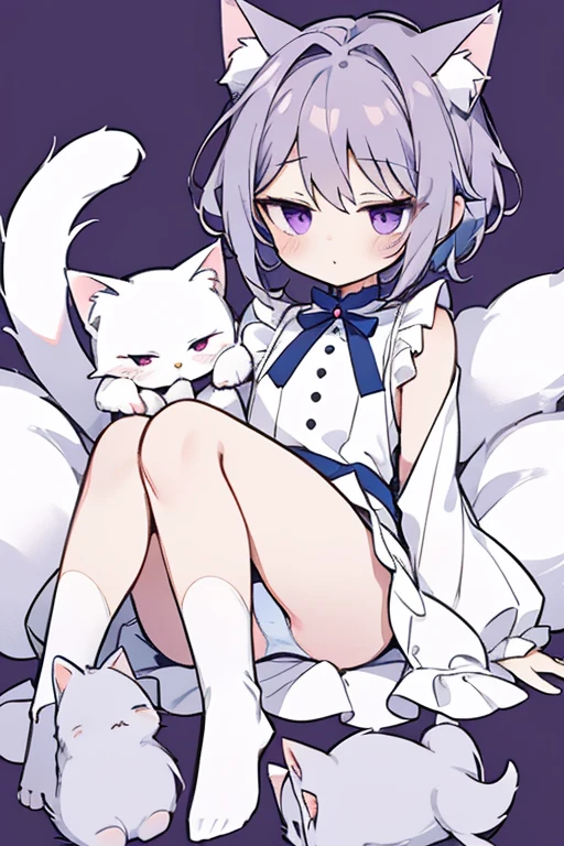 masterpiece, highest quality, Detailed background, cute panties、cute, small, Gray Hair, short hair, white fluffy cat tail, White cat ears, small size, whole body, Purple eyes, fluffy, fluff ears, alone, detailed, girl, cutetech, pastel colour, cute, cute colors