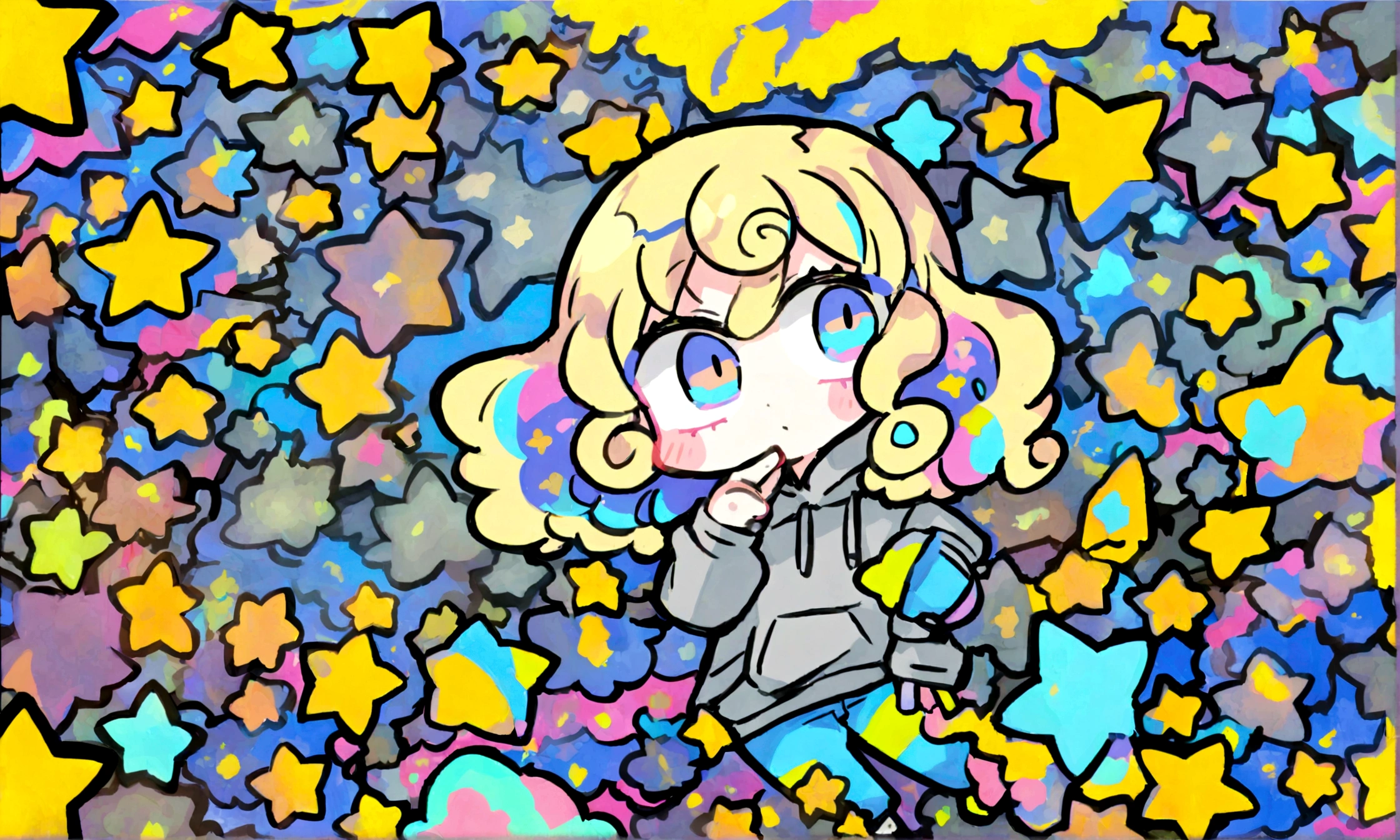 a cute chibi style adult female with blonde curly hair, wearing a grey hoodie and jeans, has a very colorful star laden backround with mutiple blue shades of hombre colors