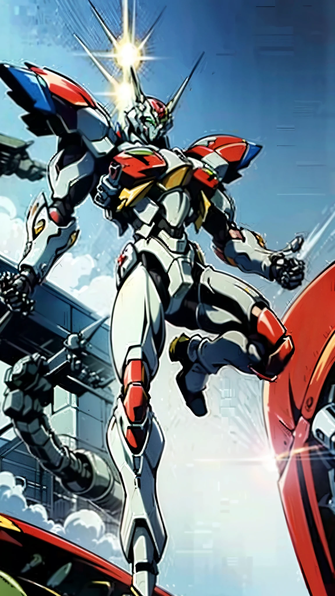 Humanoid Mecha, fully enclosed shoulder guards, matching arm and leg guards, full body, full armor, the design balances heavy with agility, (the color scheme is primarily white with red and blue accents, the concept Inspired by Super robot, organic biotech armor, standing, floating high above the futuristic sci-fi city), exquisite and mature art style, (aura effect, energy, glowing eyes, the armor glows), ((SRS)), metallic, dynamic, dramatic, high definition, best quality, highres, ultra-detailed, ultra-fine painting, extremely delicate, professional, perfect body proportions, anatomically correct, symmetrical face, extremely detailed eyes and face, high quality eyes, creativity, RAW photo, UHD, 32k, Natural light, cinematic lighting, masterpiece-anatomy-perfect, masterpiece:1.5