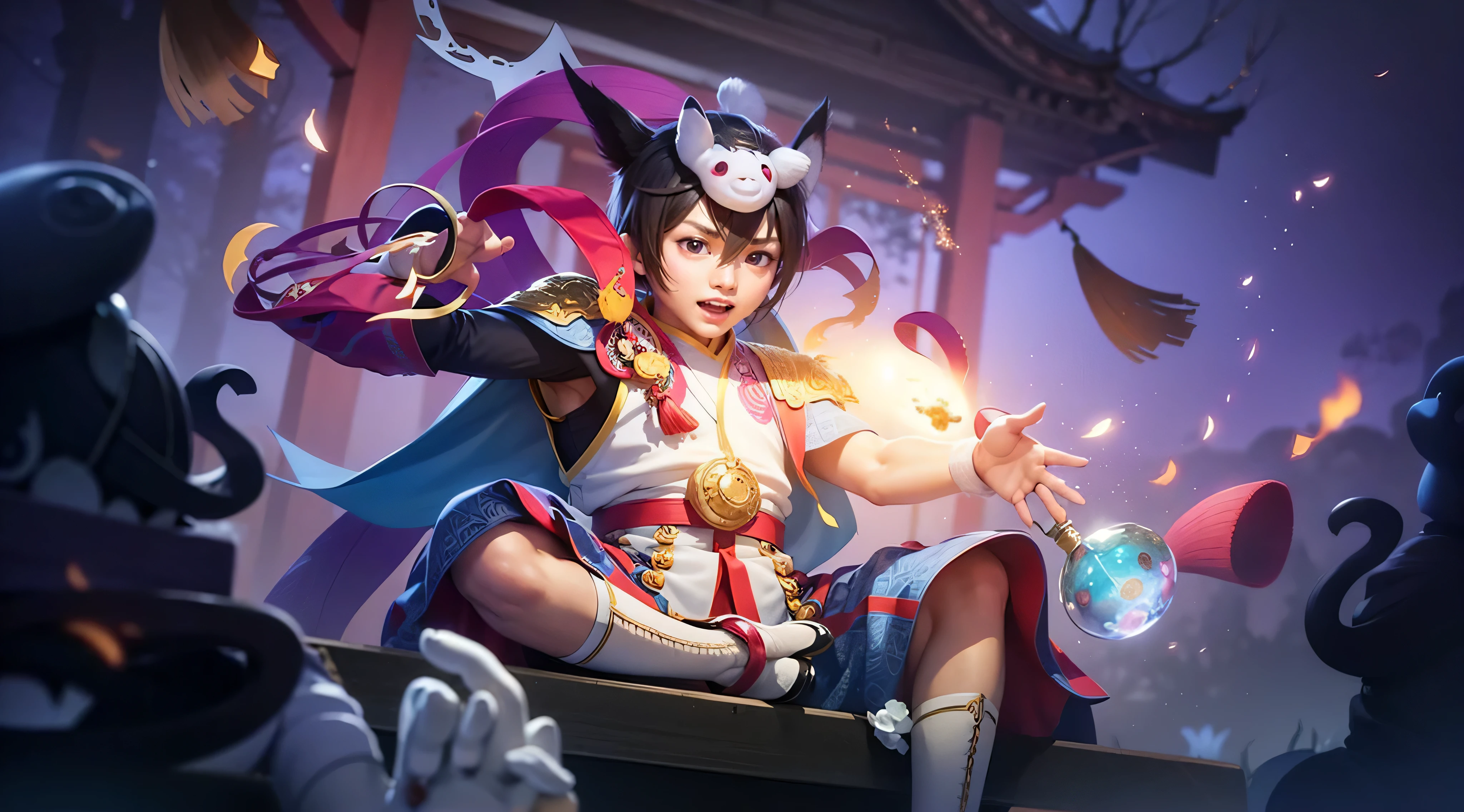 A handsome Chinese boy, sharp eyes, clear facial features, wearing Hanfu, combat posture, martial arts movements, body surrounded by purple mist, runes around, holographic reality, holographic halo, motion blur, game light effects, edge light, soft light, movie edge light, delicate light, masterpiece, super detailed, epic composition, super HD, high quality, highest quality, 32k