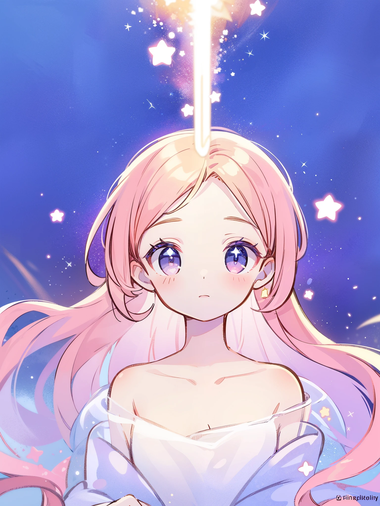 complex background, wishing star background, magical girl wearing an ethereal mystical pink translucent dress that reflects the stars, close up, sparkling detailed eyes, golden ratio face, perfect composition, perfume promo art, mystic, complex drawing, highly detailed, Covergirl brand, promo art, artistic rendition, ethereal, starry night, midjourney style